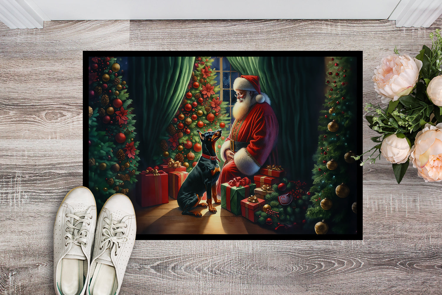 Doberman Pinscher and Santa Claus Doormat Indoor Outdoor 18H X 27W Front Door Mat Rugs for Entryway, Non Slip Washable