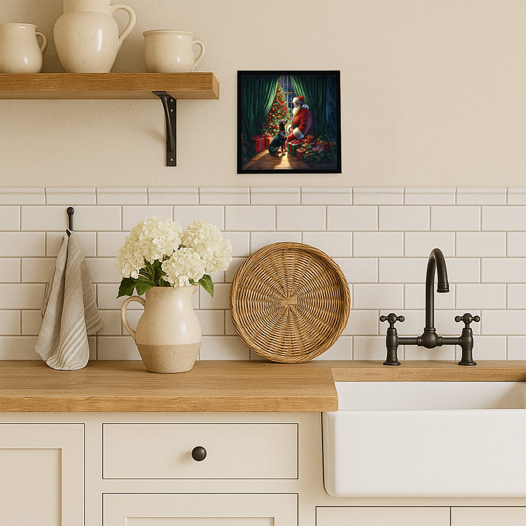 Doberman Pinscher and Santa Claus Framed Metal Print Bathroom, Kitchen, Office, Home Decor Wall Art Ready to Hang, Square, 8X8