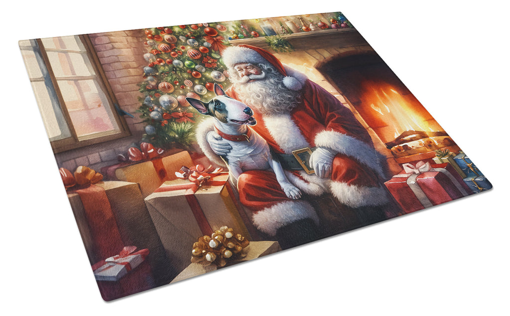 English Bull Terrier and Santa Claus Cutting Board Tempered Glass Kitchen Cutting Surface, Heat Resistant Chopping, Non-Slip Feet, Food Prep & Serving