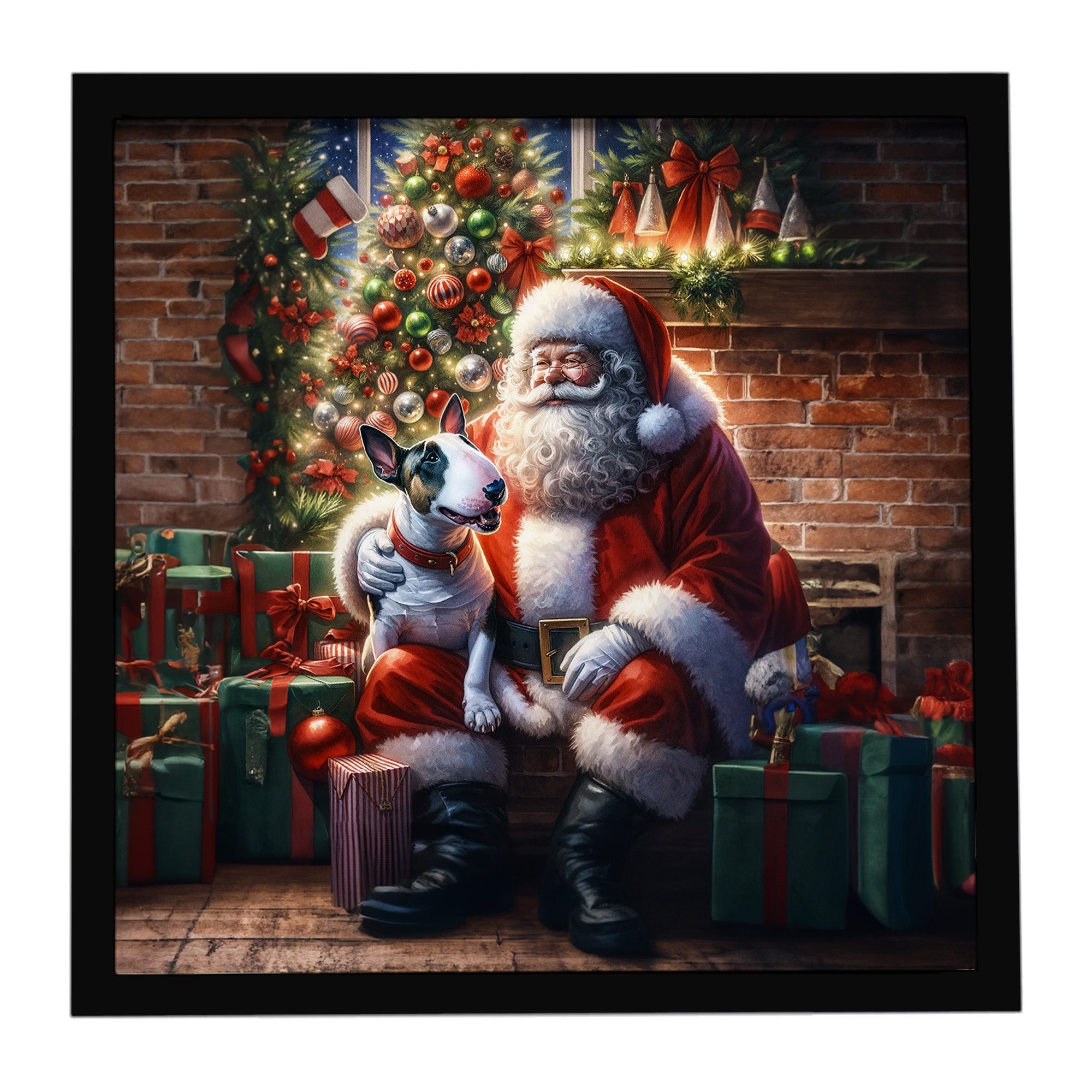 English Bull Terrier and Santa Claus Framed Metal Print Bathroom, Kitchen, Office, Home Decor Wall Art Ready to Hang, Square, 8X8