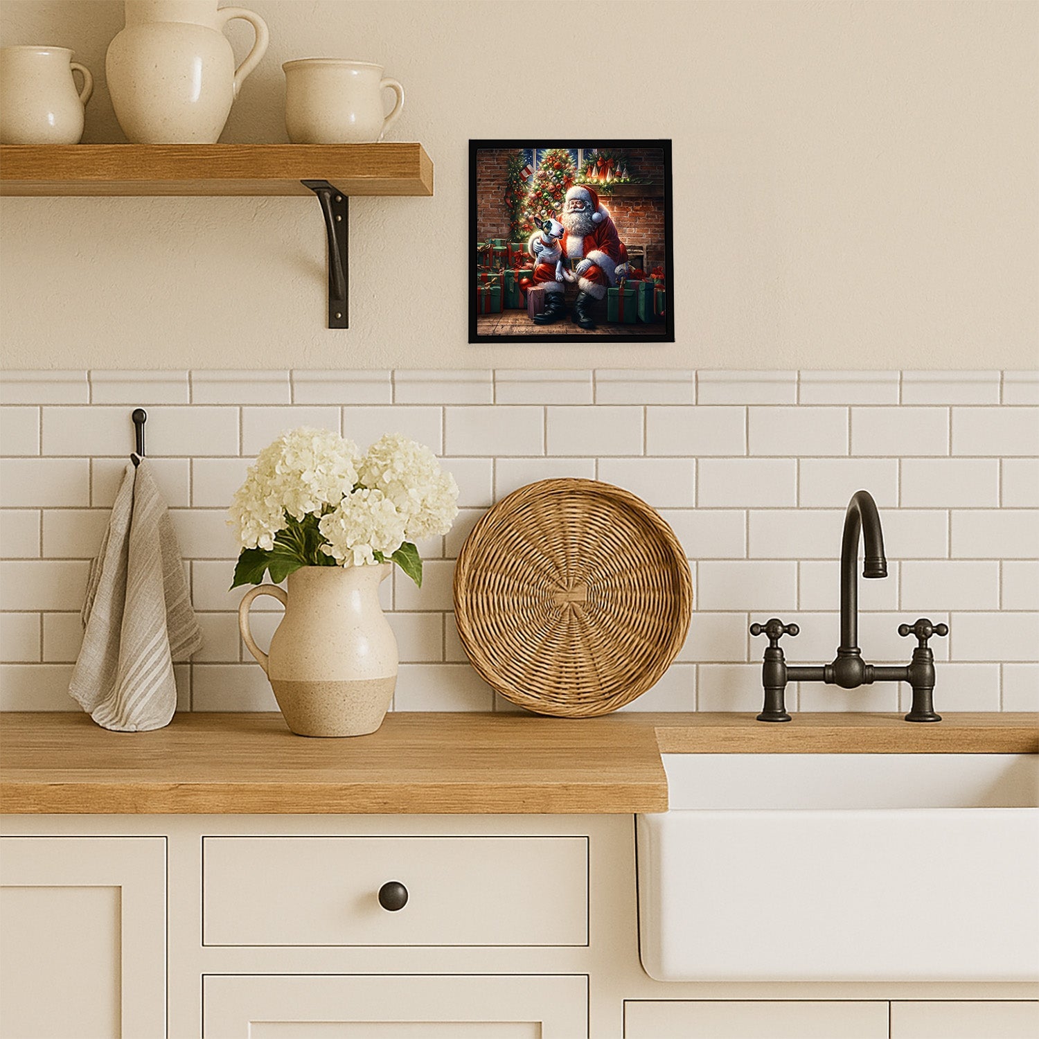 English Bull Terrier and Santa Claus Framed Metal Print Bathroom, Kitchen, Office, Home Decor Wall Art Ready to Hang, Square, 8X8
