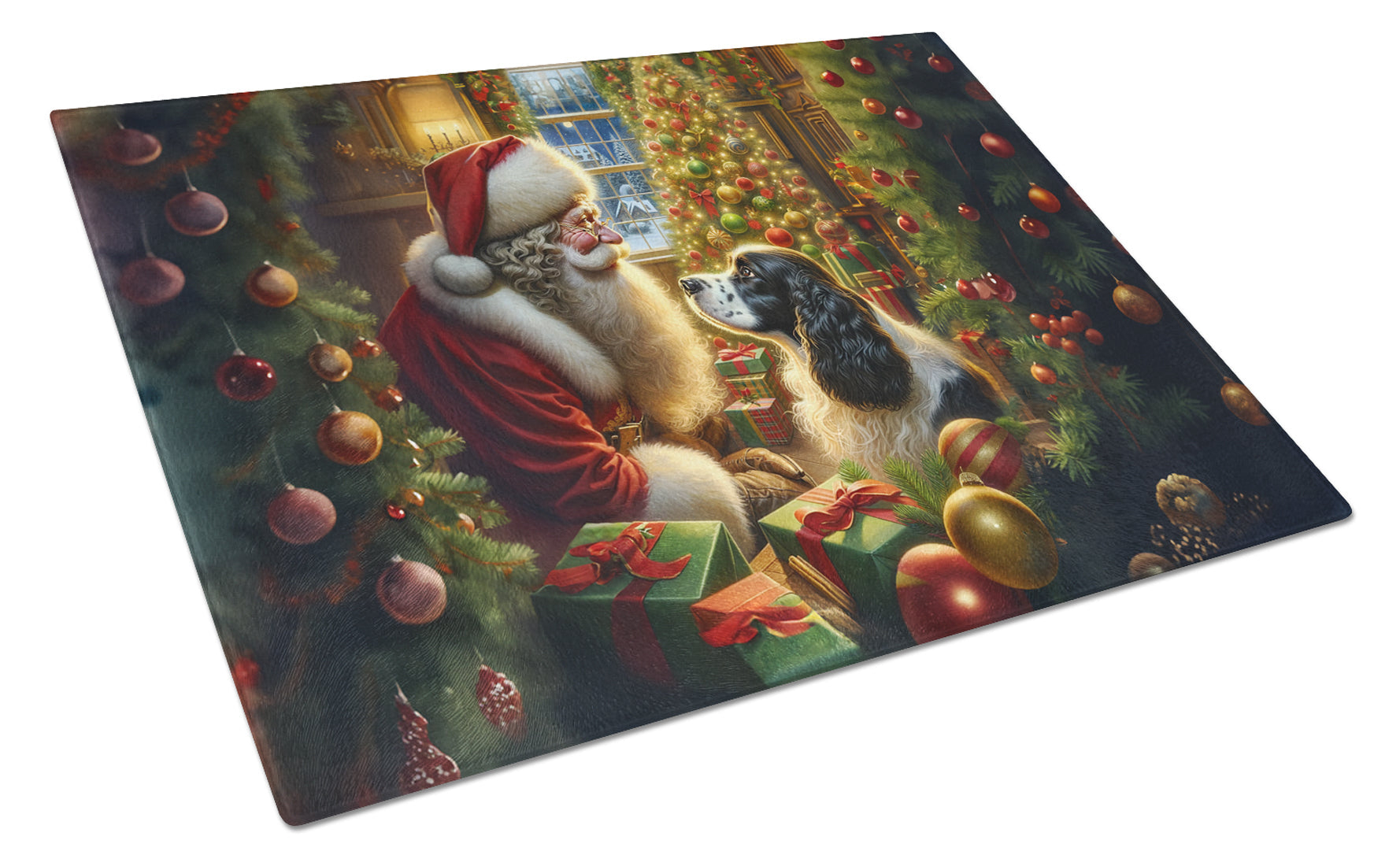 English Springer Spaniel and Santa Claus Cutting Board Tempered Glass Kitchen Cutting Surface, Heat Resistant Chopping, Non-Slip Feet, Food Prep & Serving