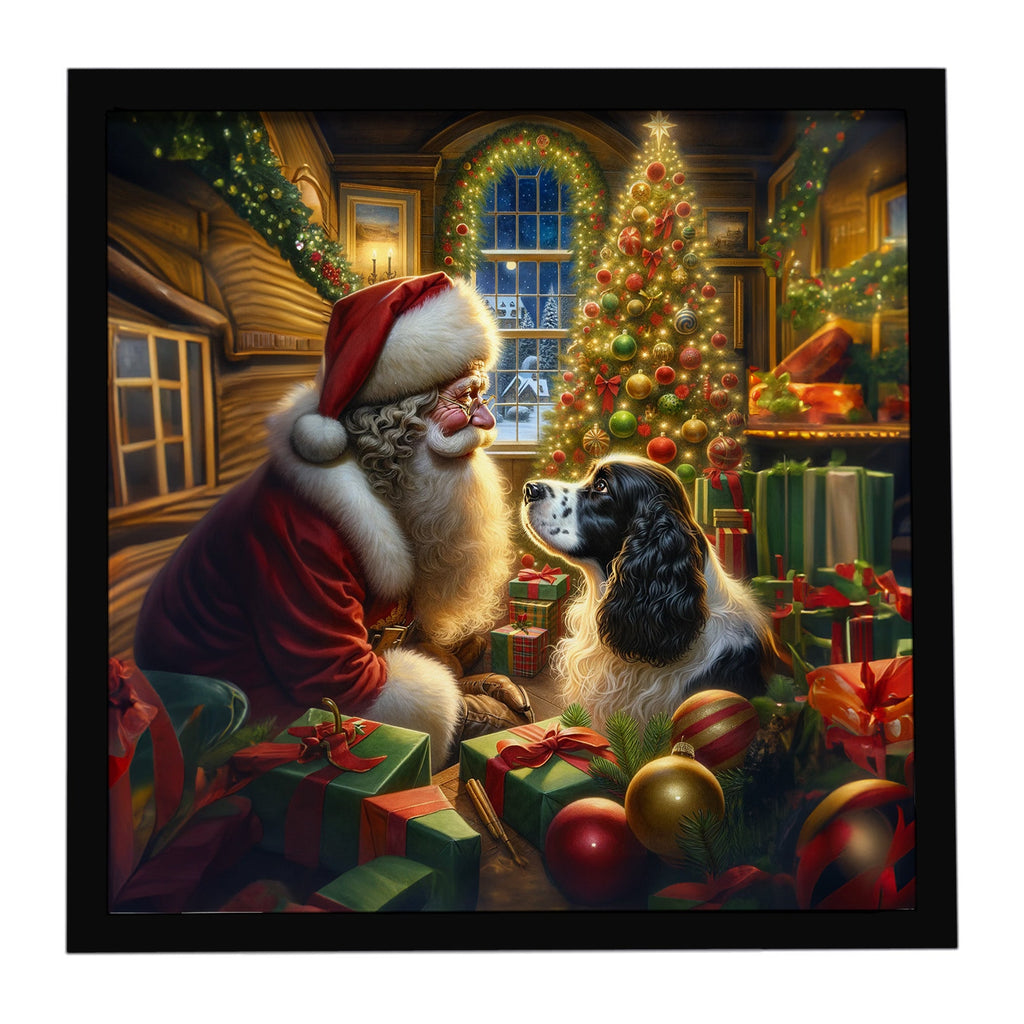 English Springer Spaniel and Santa Claus Framed Metal Print Bathroom, Kitchen, Office, Home Decor Wall Art Ready to Hang, Square, 8X8