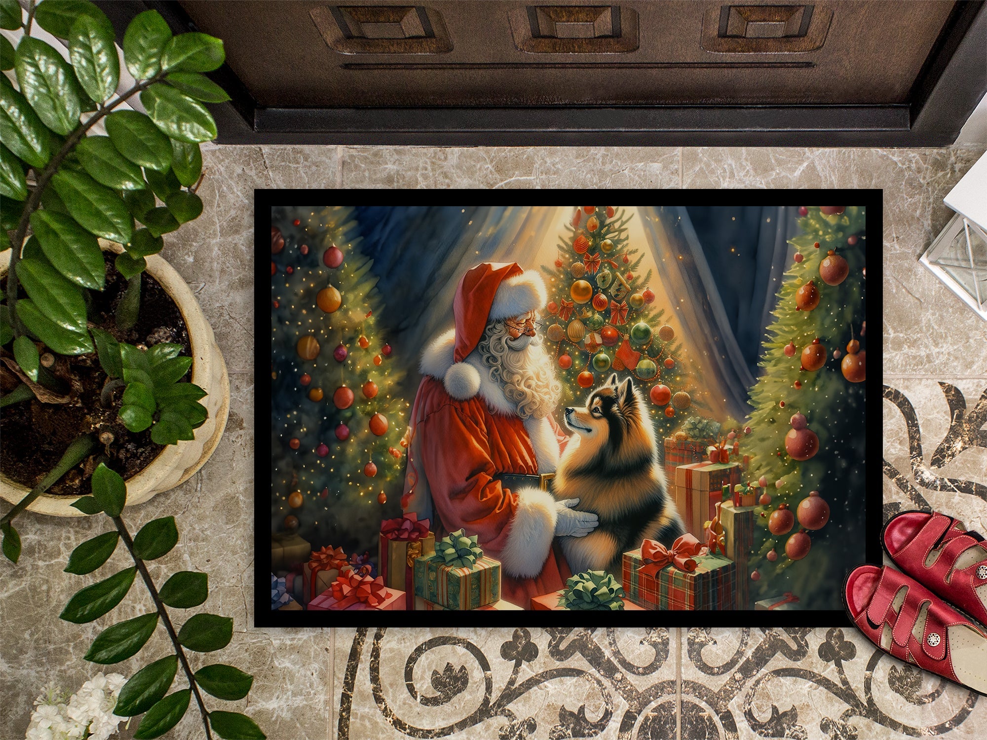 Finnish Spitz and Santa Claus Doormat Indoor Outdoor 18H X 27W Front Door Mat Rugs for Entryway, Non Slip Washable