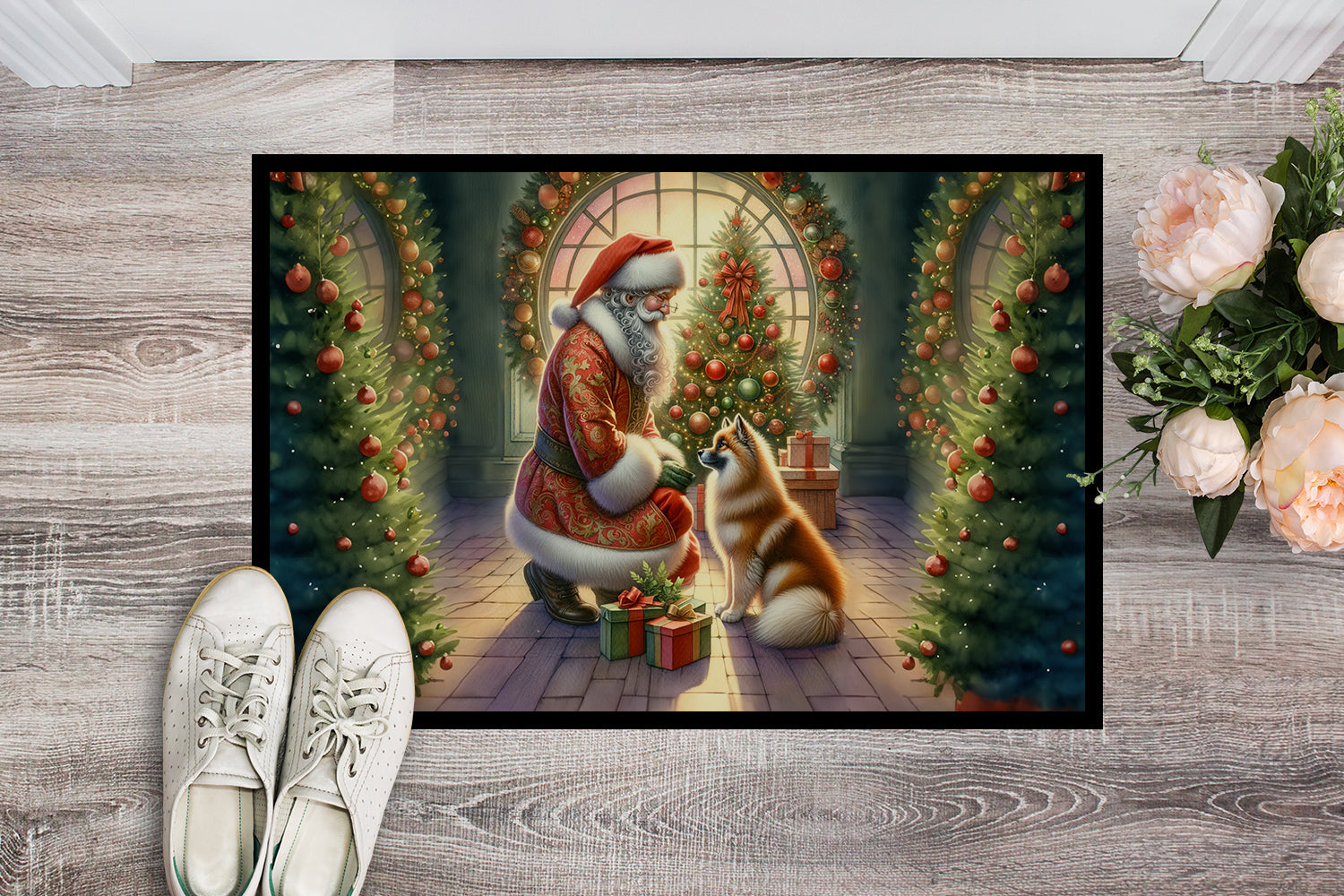 Finnish Spitz and Santa Claus Doormat Indoor Outdoor 18H X 27W Front Door Mat Rugs for Entryway, Non Slip Washable