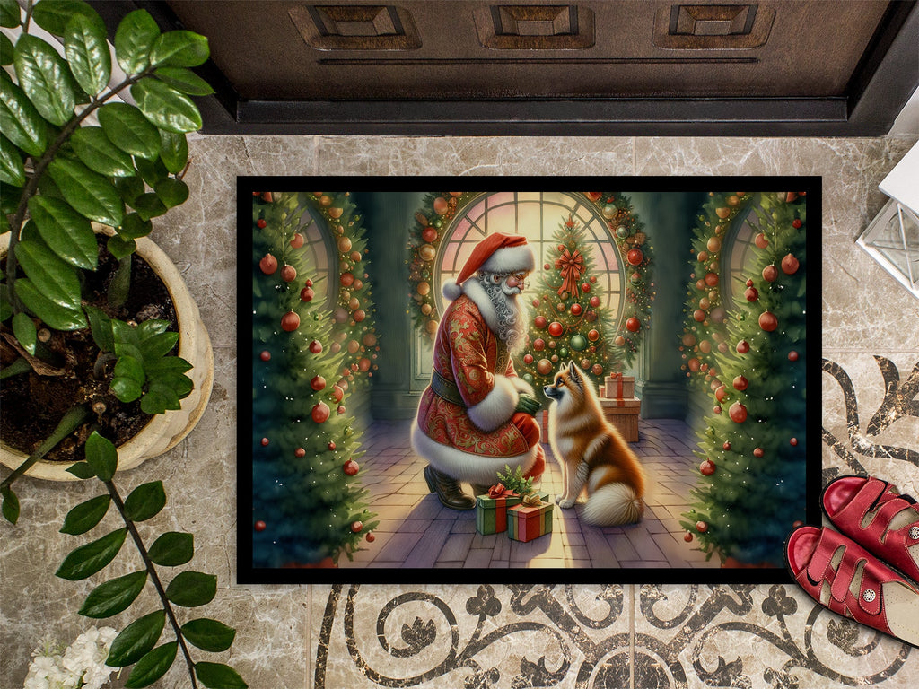 Finnish Spitz and Santa Claus Doormat Indoor Outdoor 18H X 27W Front Door Mat Rugs for Entryway, Non Slip Washable