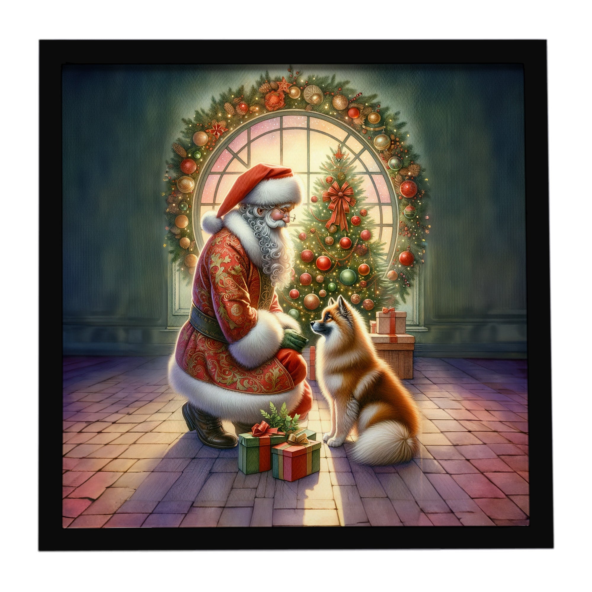 Finnish Spitz and Santa Claus Framed Metal Print Bathroom, Kitchen, Office, Home Decor Wall Art Ready to Hang, Square, 8X8