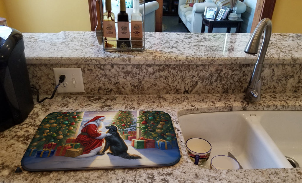 Flat-Coated Retriever and Santa Claus Dish Drying Mat Absorbent Dish Drying Mat Pad for Kitchen Counter Dish Drainer Mat for Countertop, 14 x 21", Multicolor