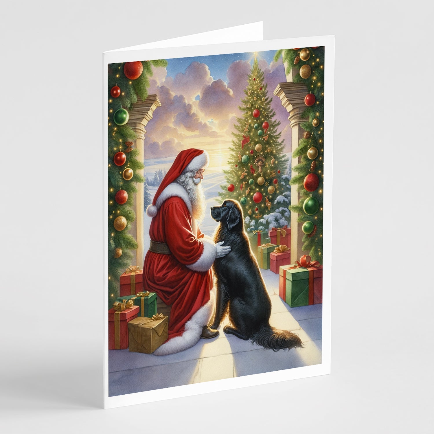 Flat-Coated Retriever and Santa Claus Greeting Cards Pack of 8 Blank Cards with Envelopes Whimsical A7 Size 5x7