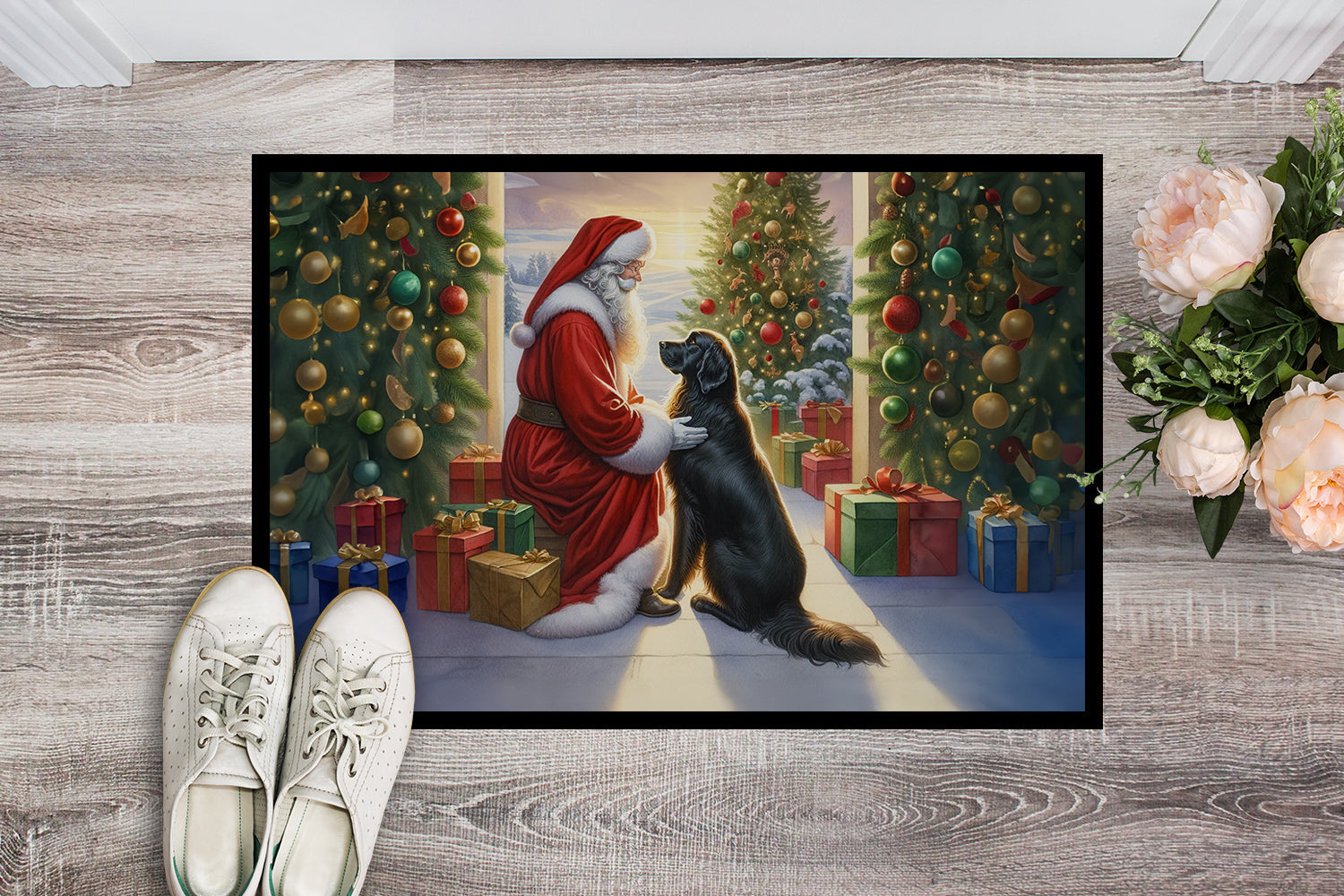 Flat-Coated Retriever and Santa Claus Doormat Indoor Outdoor 24H X 36W Front Door Mat Rugs for Entryway, Non Slip Washable Low Pile,