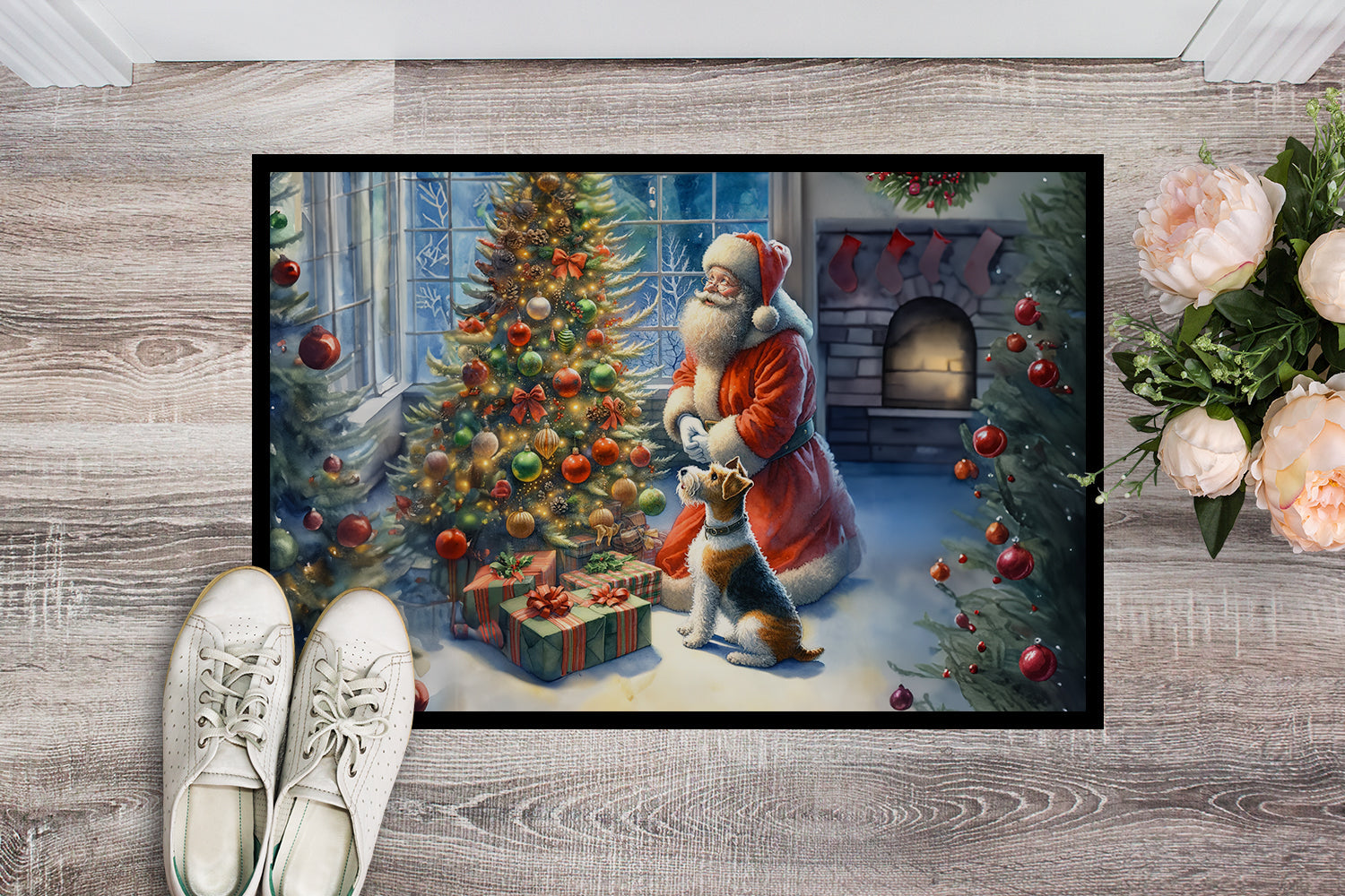 Fox Terrier and Santa Claus Doormat Indoor Outdoor 24H X 36W Front Door Mat Rugs for Entryway, Non Slip Washable Low Pile,