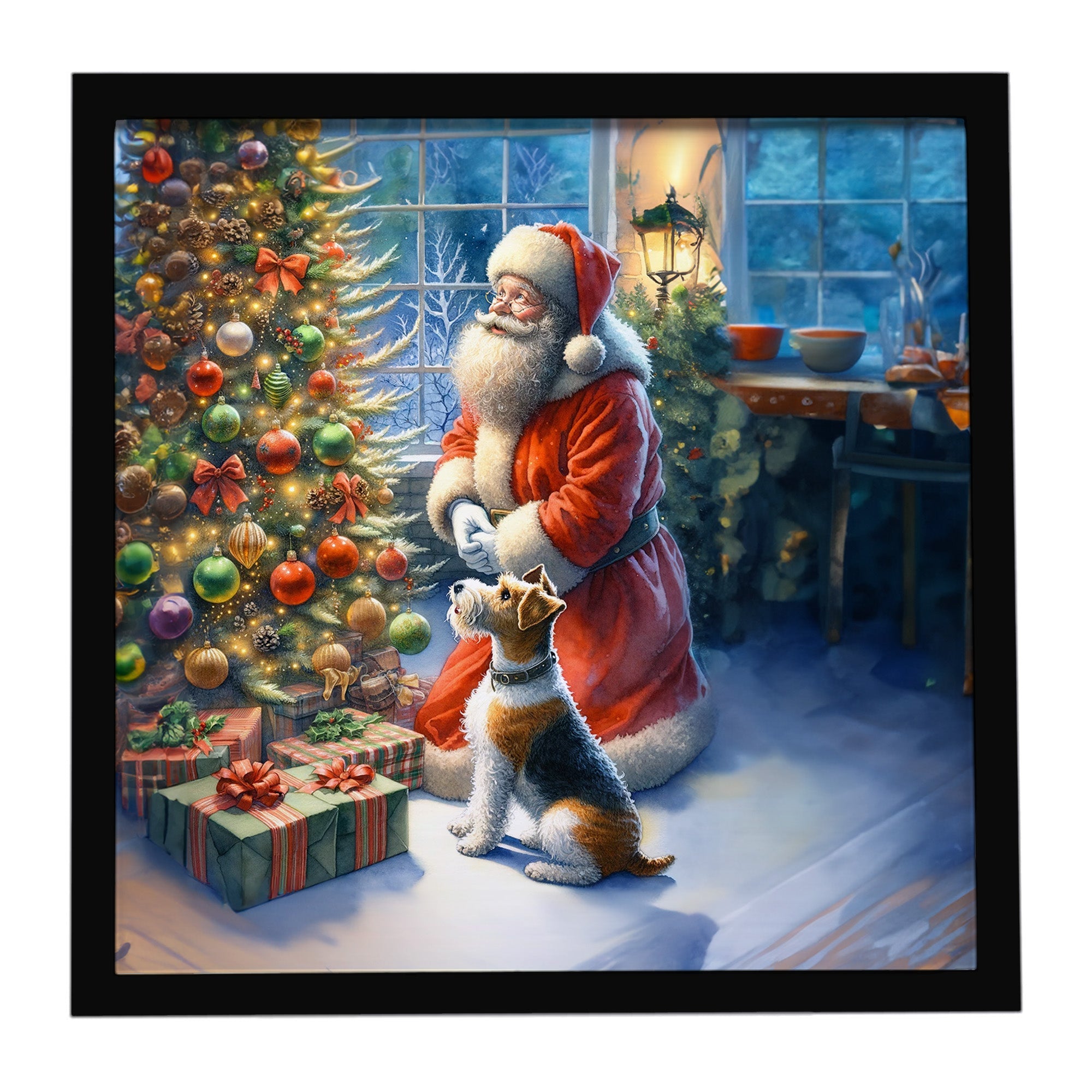 Fox Terrier and Santa Claus Framed Metal Print Bathroom, Kitchen, Office, Home Decor Wall Art Ready to Hang, Square, 8X8