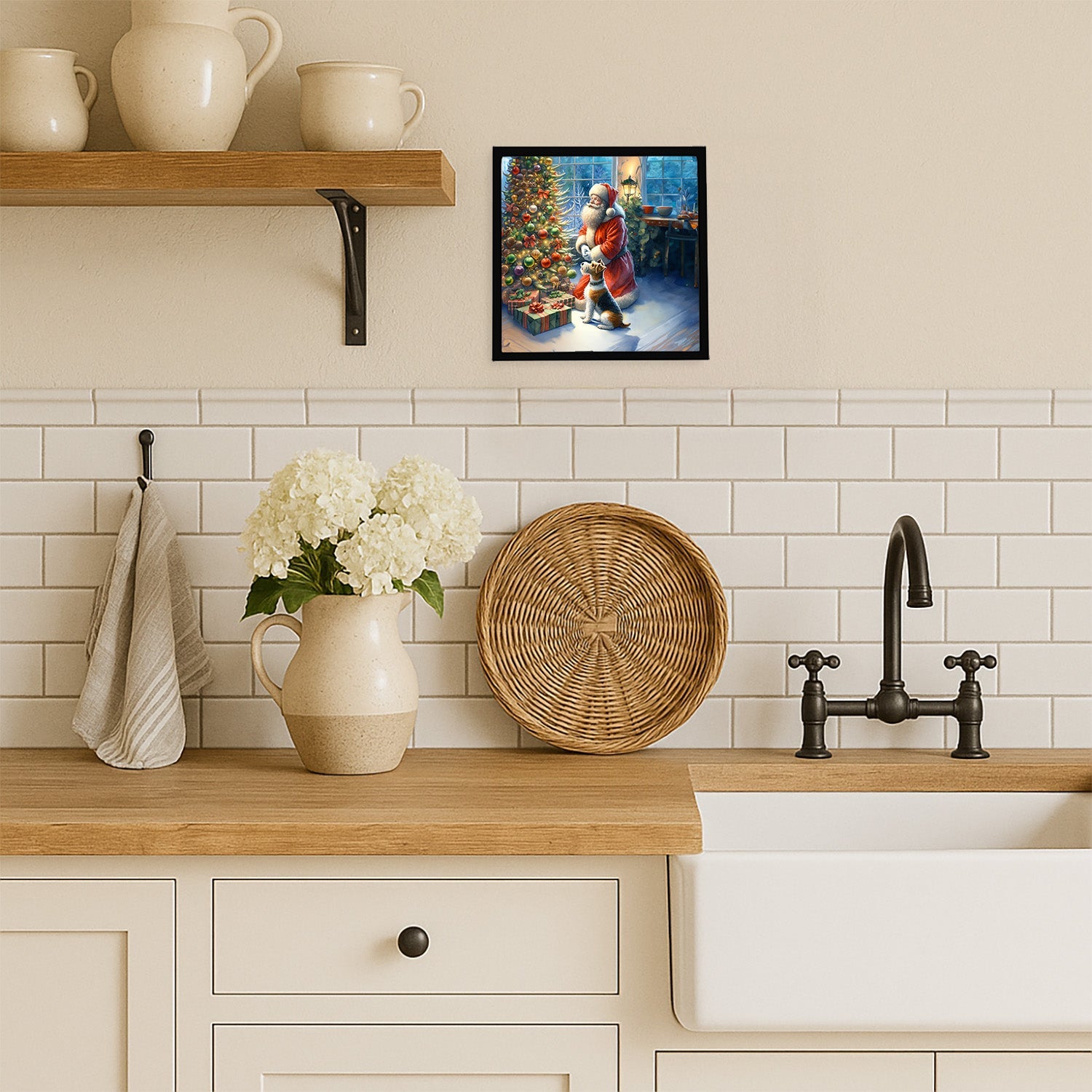 Fox Terrier and Santa Claus Framed Metal Print Bathroom, Kitchen, Office, Home Decor Wall Art Ready to Hang, Square, 8X8