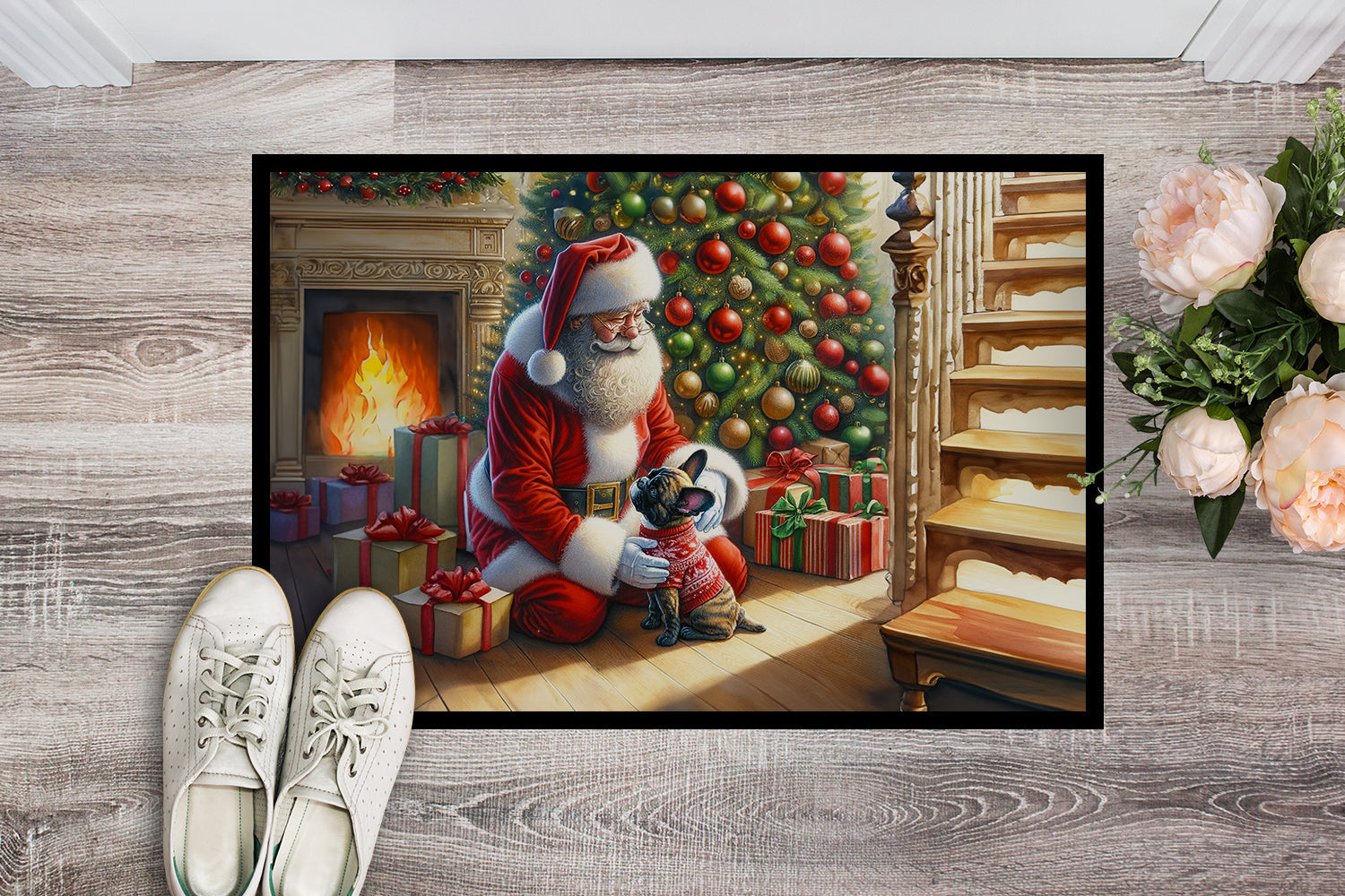 French Bulldog and Santa Claus Doormat Indoor Outdoor 24H X 36W Front Door Mat Rugs for Entryway, Non Slip Washable Low Pile,