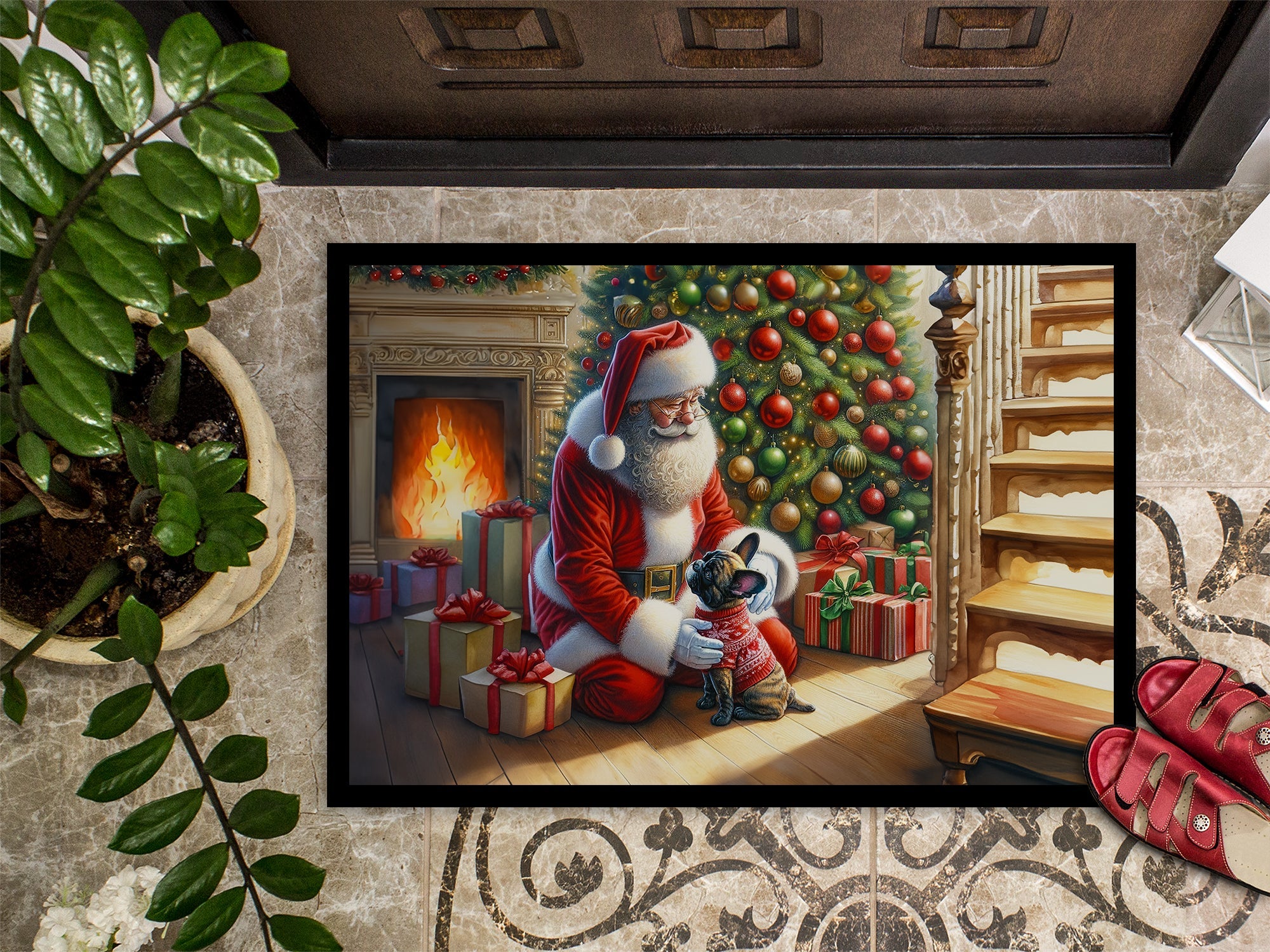 French Bulldog and Santa Claus Doormat Indoor Outdoor 18H X 27W Front Door Mat Rugs for Entryway, Non Slip Washable