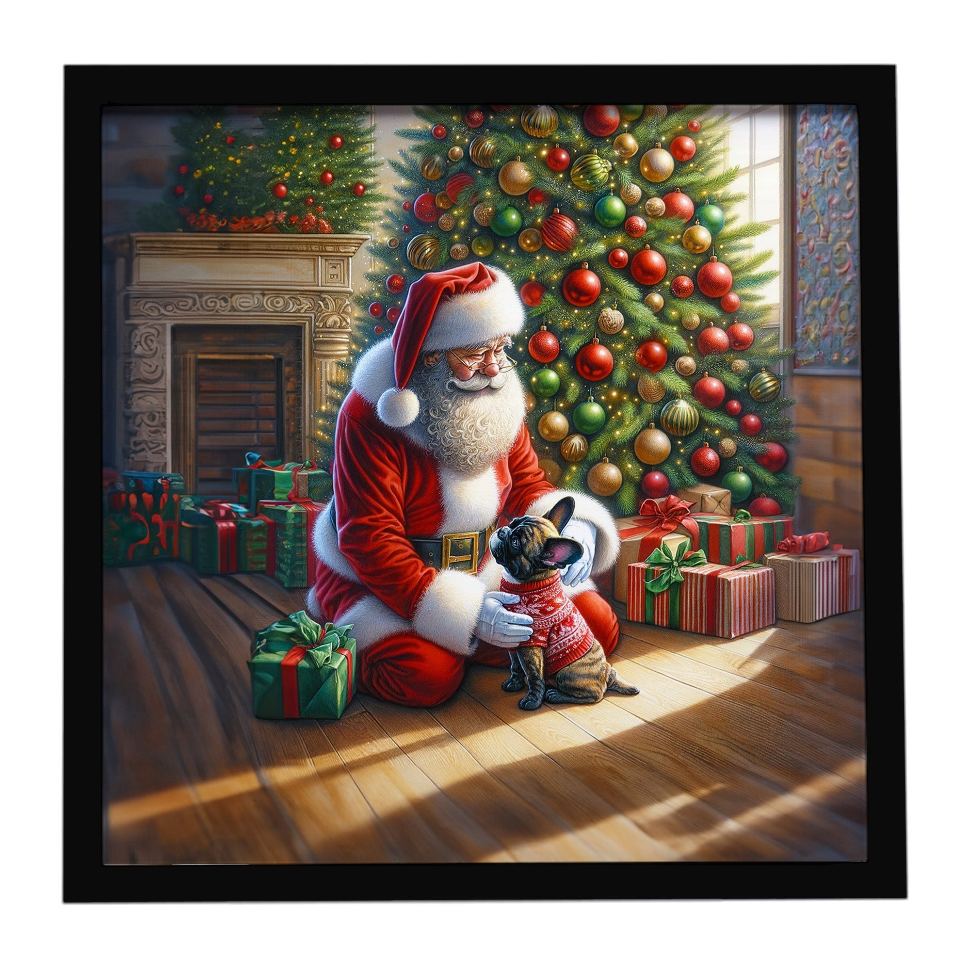 French Bulldog and Santa Claus Framed Metal Print Bathroom, Kitchen, Office, Home Decor Wall Art Ready to Hang, Square, 8X8