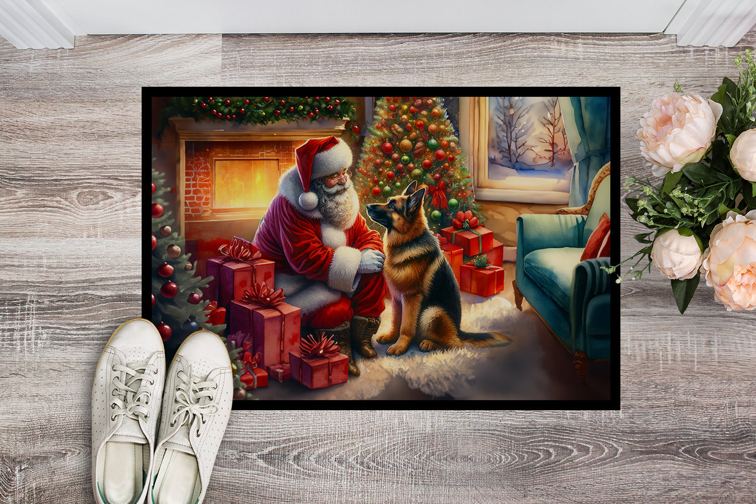 German Shepherd and Santa Claus Doormat Indoor Outdoor 24H X 36W Front Door Mat Rugs for Entryway, Non Slip Washable Low Pile,