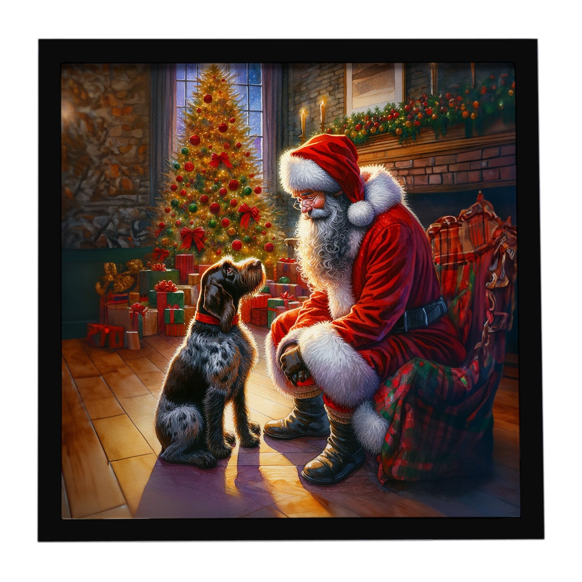 German Wirehaired Pointer and Santa Claus Framed Metal Print Bathroom, Kitchen, Office, Home Decor Wall Art Ready to Hang, Square, 8X8