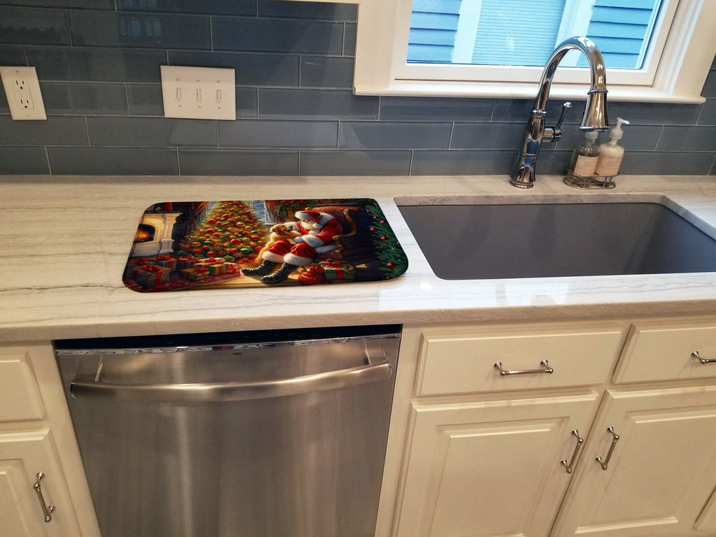 Golden Retriever and Santa Claus Dish Drying Mat Absorbent Dish Drying Mat Pad for Kitchen Counter Dish Drainer Mat for Countertop, 14 x 21", Multicolor