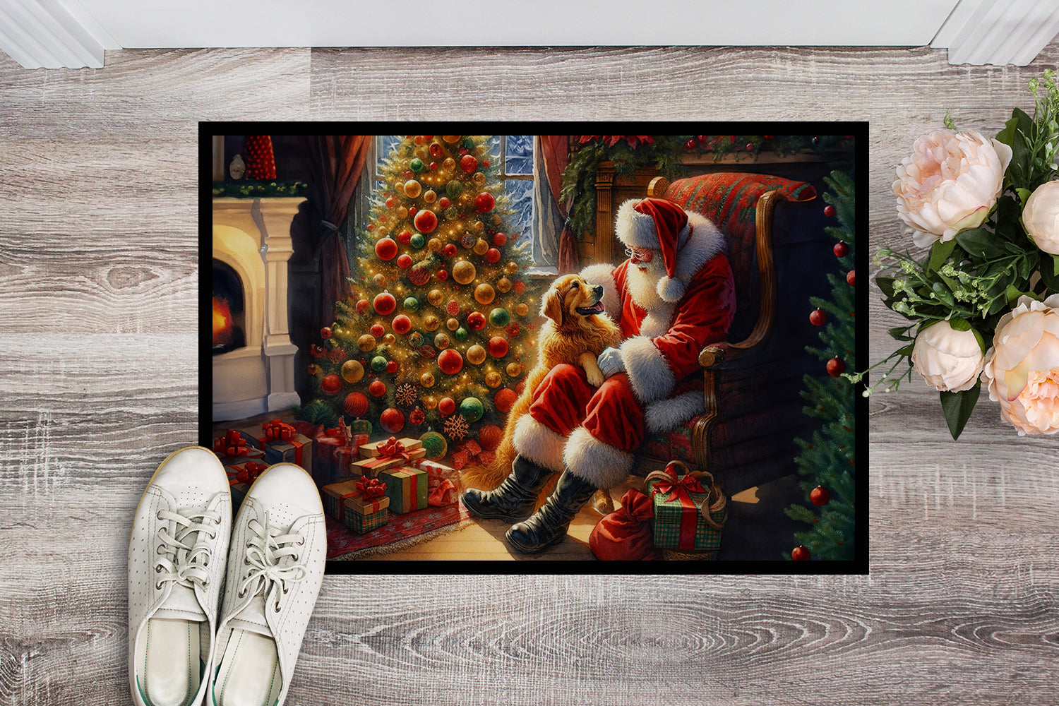 Golden Retriever and Santa Claus Doormat Indoor Outdoor 24H X 36W Front Door Mat Rugs for Entryway, Non Slip Washable Low Pile,
