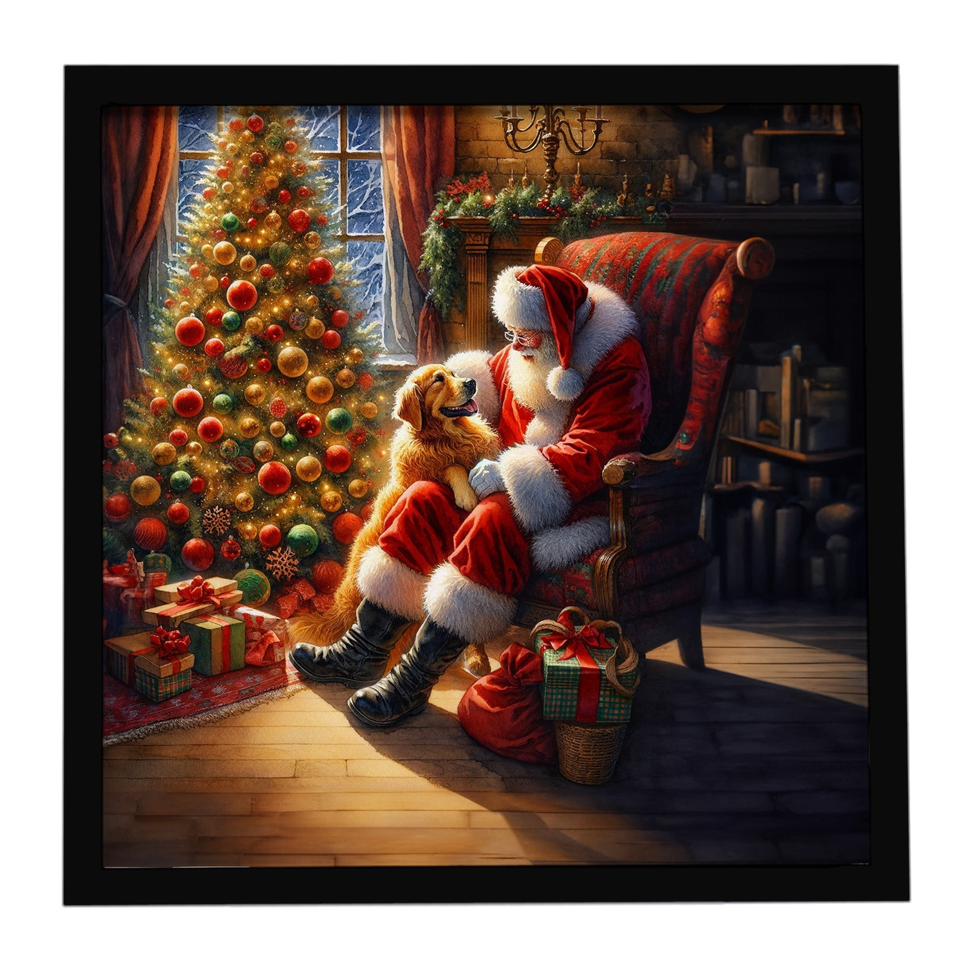 Golden Retriever and Santa Claus Framed Metal Print Bathroom, Kitchen, Office, Home Decor Wall Art Ready to Hang, Square, 8X8