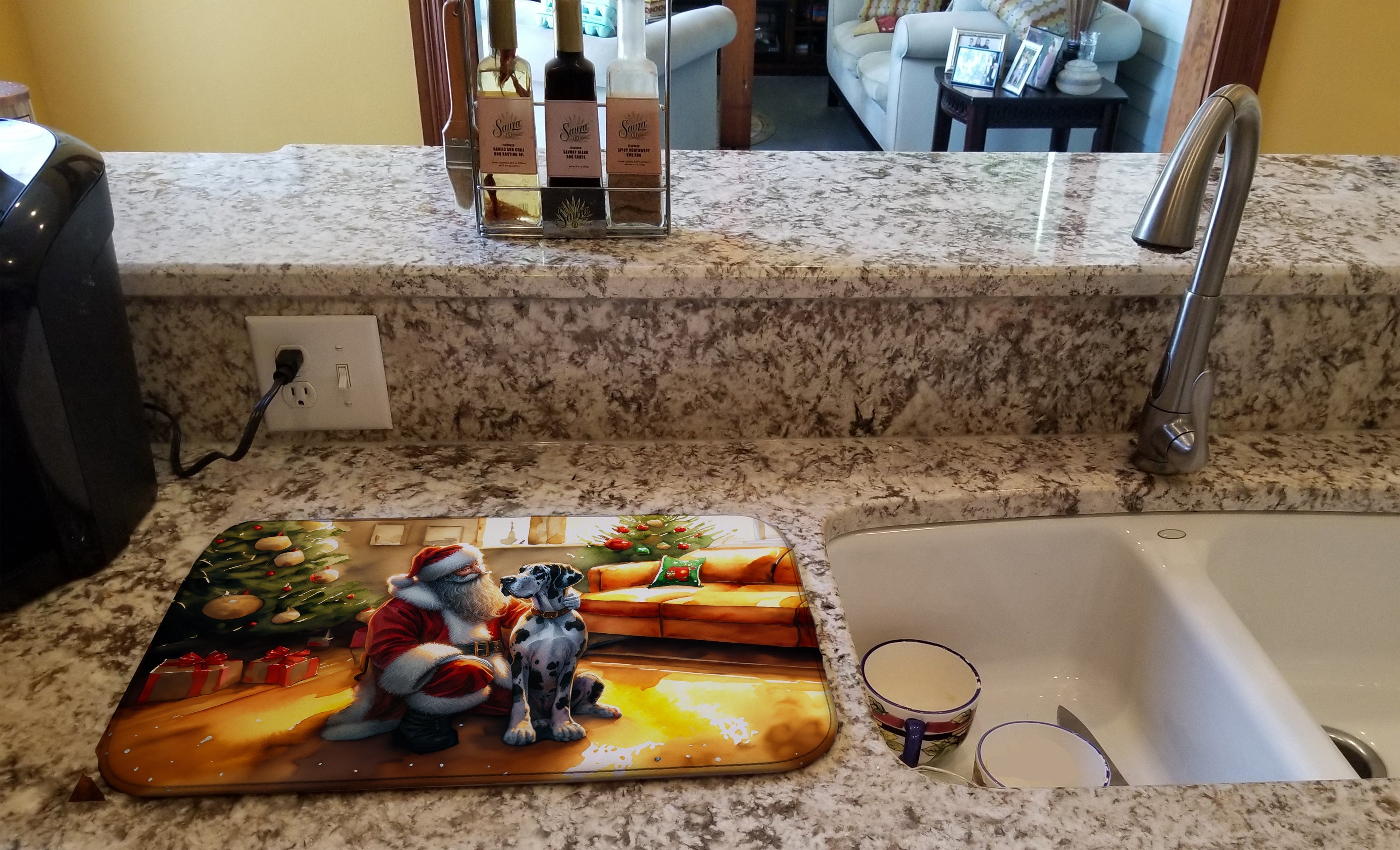 Great Dane and Santa Claus Dish Drying Mat Absorbent Dish Drying Mat Pad for Kitchen Counter Dish Drainer Mat for Countertop, 14 x 21", Multicolor