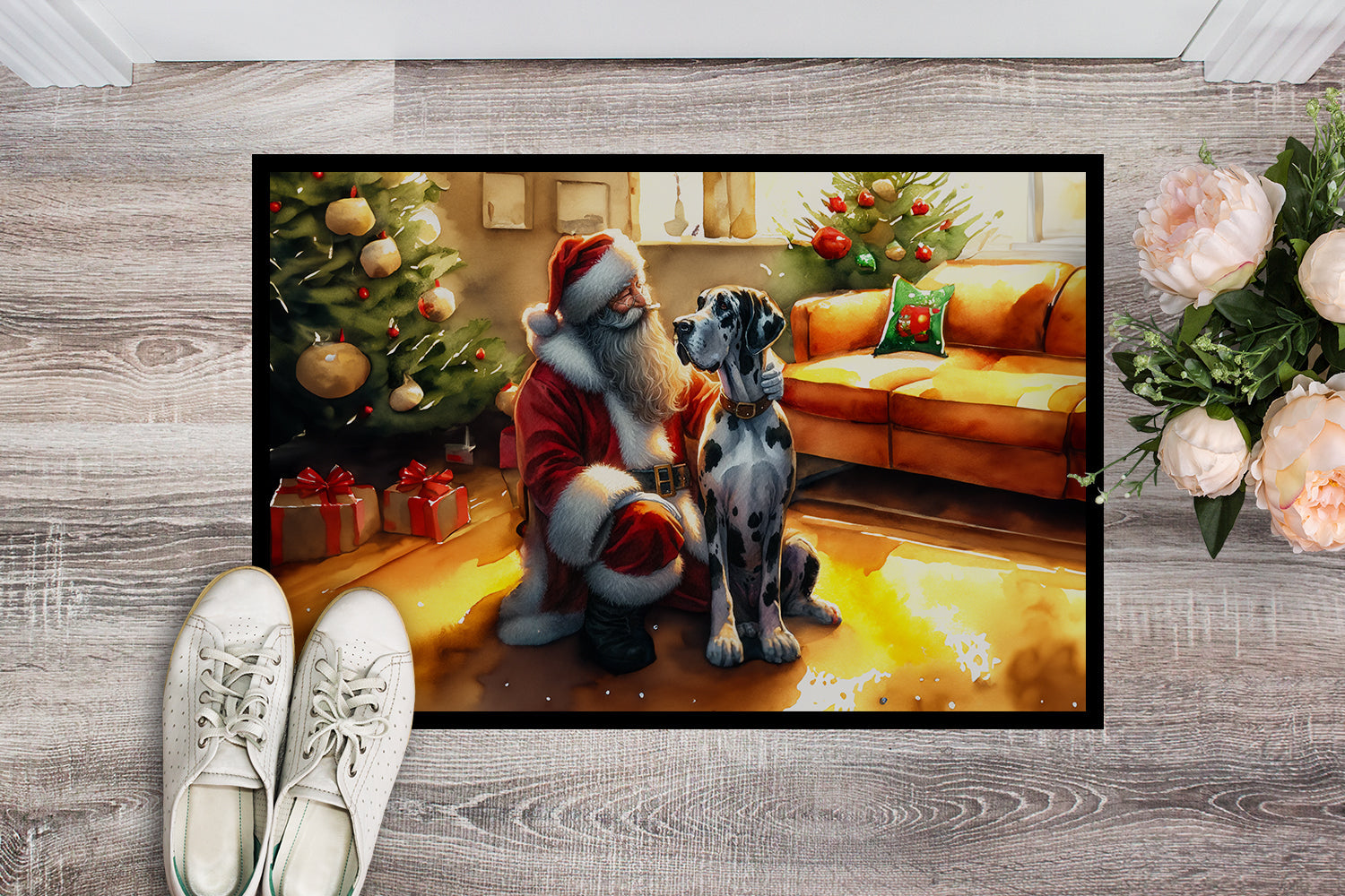 Great Dane and Santa Claus Doormat Indoor Outdoor 24H X 36W Front Door Mat Rugs for Entryway, Non Slip Washable Low Pile,