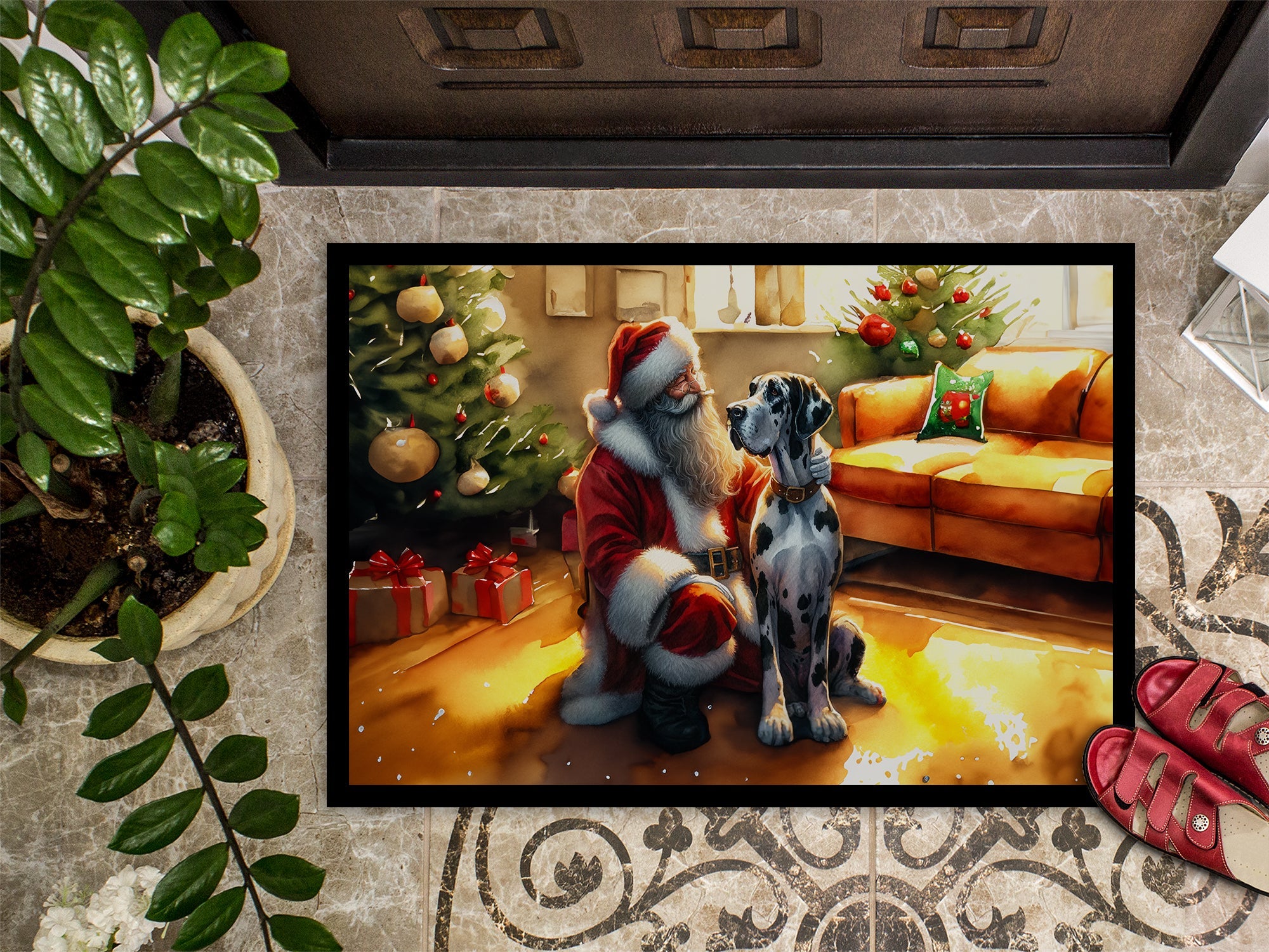 Great Dane and Santa Claus Doormat Indoor Outdoor 24H X 36W Front Door Mat Rugs for Entryway, Non Slip Washable Low Pile,