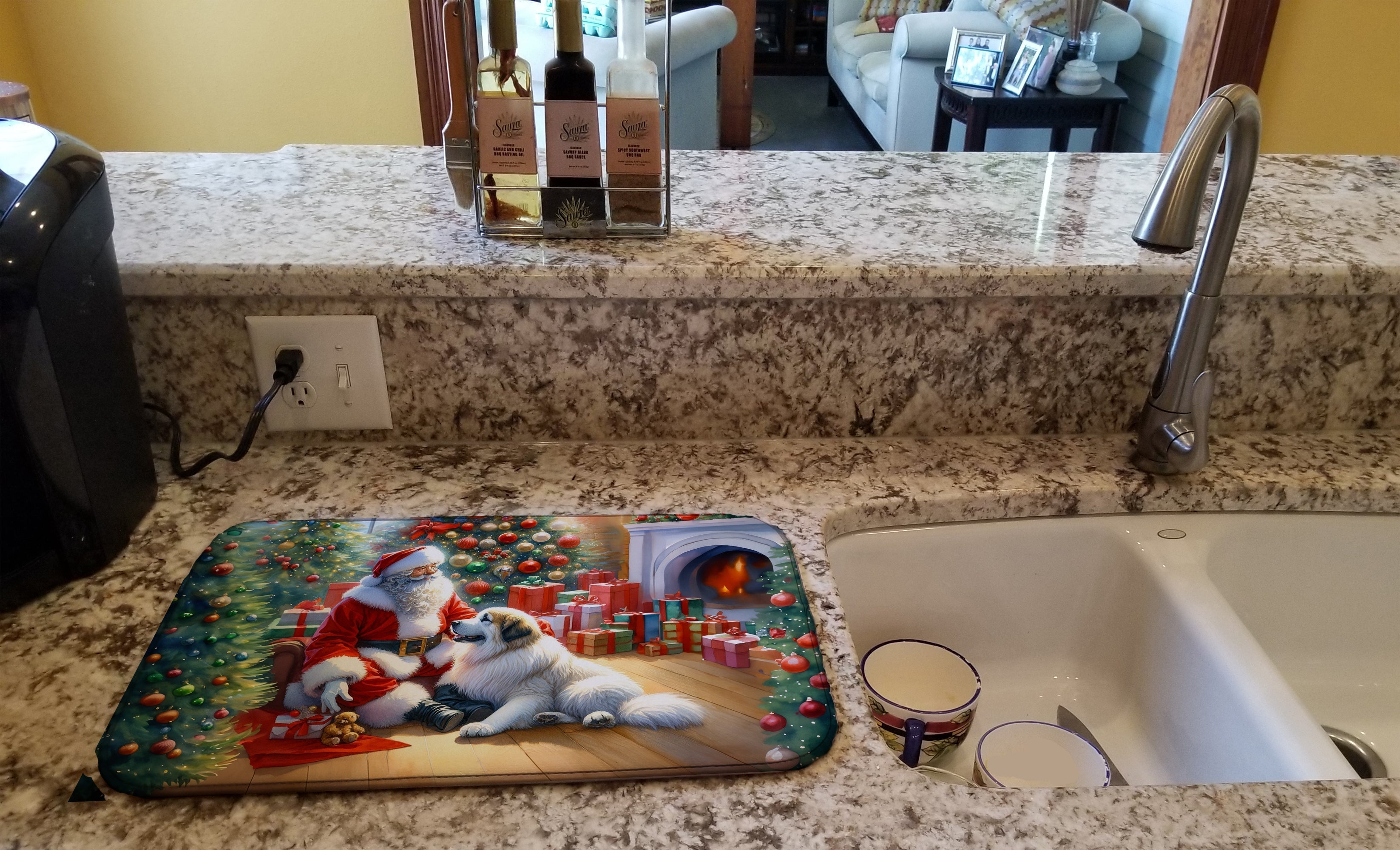 Great Pyrenees and Santa Claus Dish Drying Mat Absorbent Dish Drying Mat Pad for Kitchen Counter Dish Drainer Mat for Countertop, 14 x 21", Multicolor