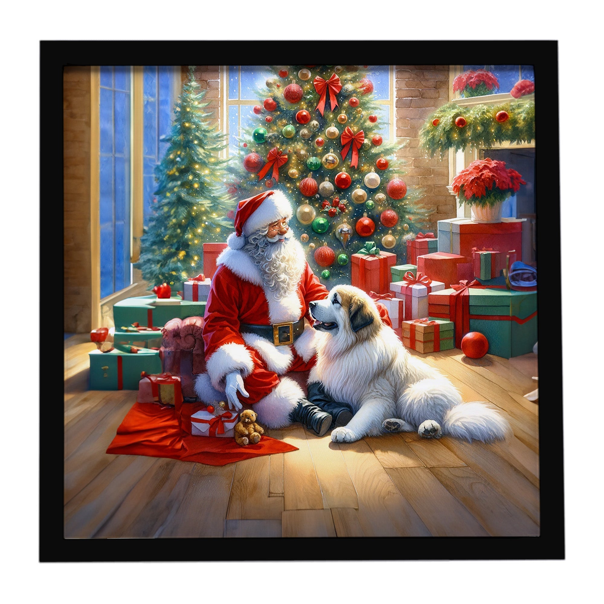 Great Pyrenees and Santa Claus Framed Metal Print Bathroom, Kitchen, Office, Home Decor Wall Art Ready to Hang, Square, 8X8