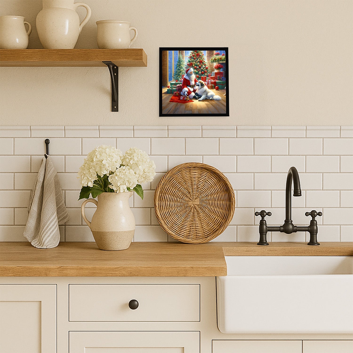 Great Pyrenees and Santa Claus Framed Metal Print Bathroom, Kitchen, Office, Home Decor Wall Art Ready to Hang, Square, 8X8