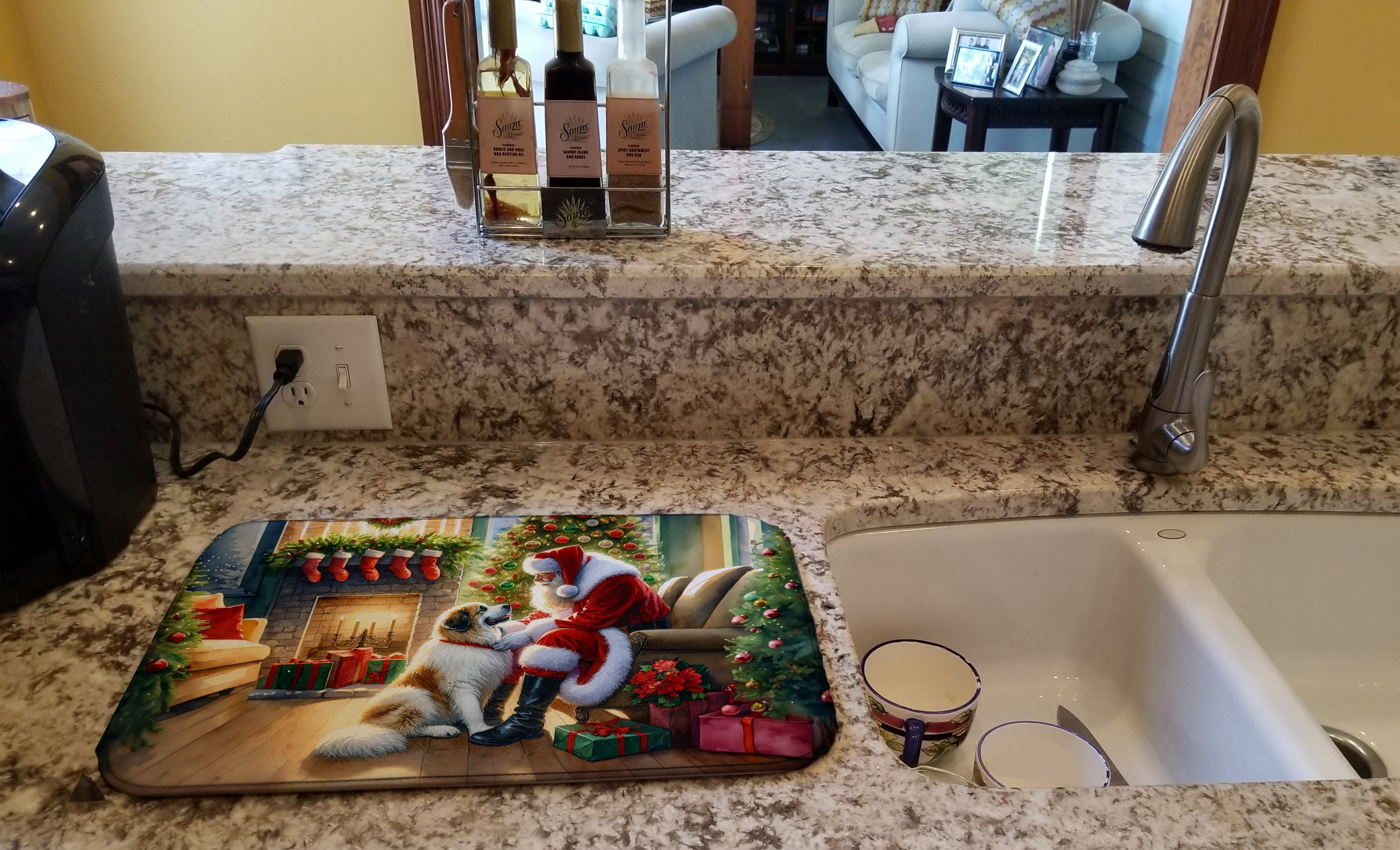 Great Pyrenees and Santa Claus Dish Drying Mat Absorbent Dish Drying Mat Pad for Kitchen Counter Dish Drainer Mat for Countertop, 14 x 21", Multicolor