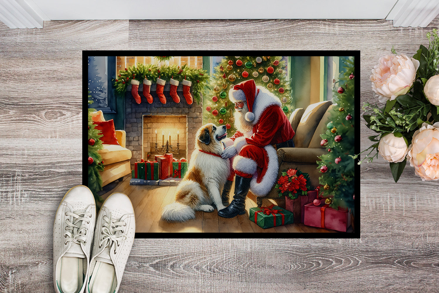 Great Pyrenees and Santa Claus Doormat Indoor Outdoor 24H X 36W Front Door Mat Rugs for Entryway, Non Slip Washable Low Pile,