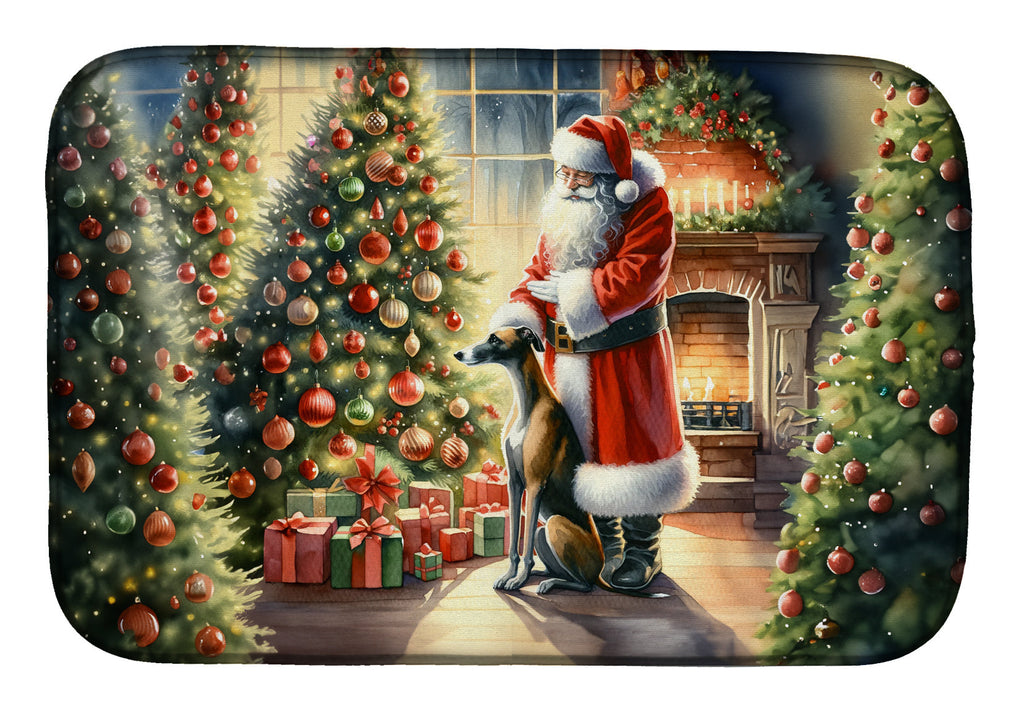 Greyhound and Santa Claus Dish Drying Mat Absorbent Dish Drying Mat Pad for Kitchen Counter Dish Drainer Mat for Countertop, 14 x 21", Multicolor