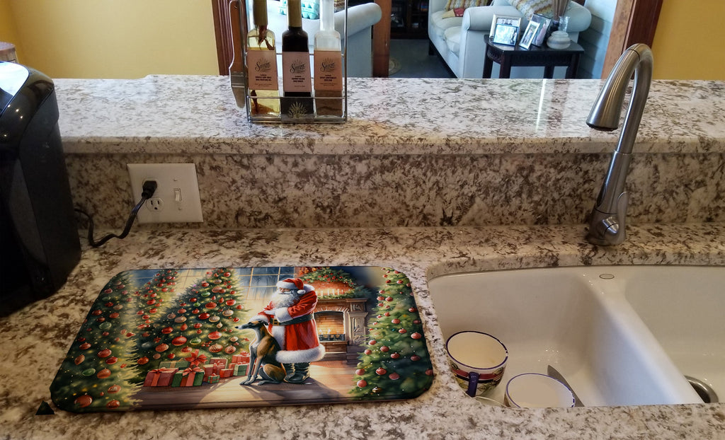 Greyhound and Santa Claus Dish Drying Mat Absorbent Dish Drying Mat Pad for Kitchen Counter Dish Drainer Mat for Countertop, 14 x 21", Multicolor