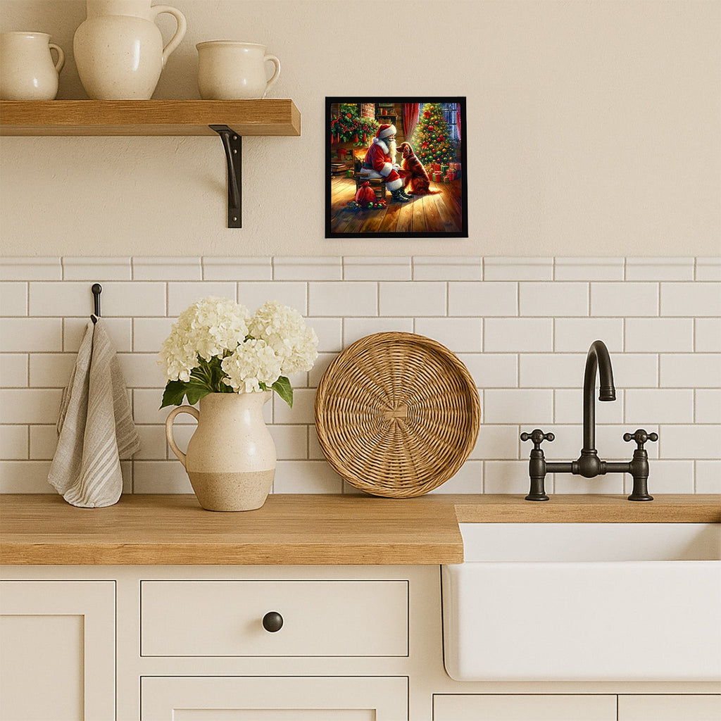 Irish Setter and Santa Claus Framed Metal Print Bathroom, Kitchen, Office, Home Decor Wall Art Ready to Hang, Square, 8X8