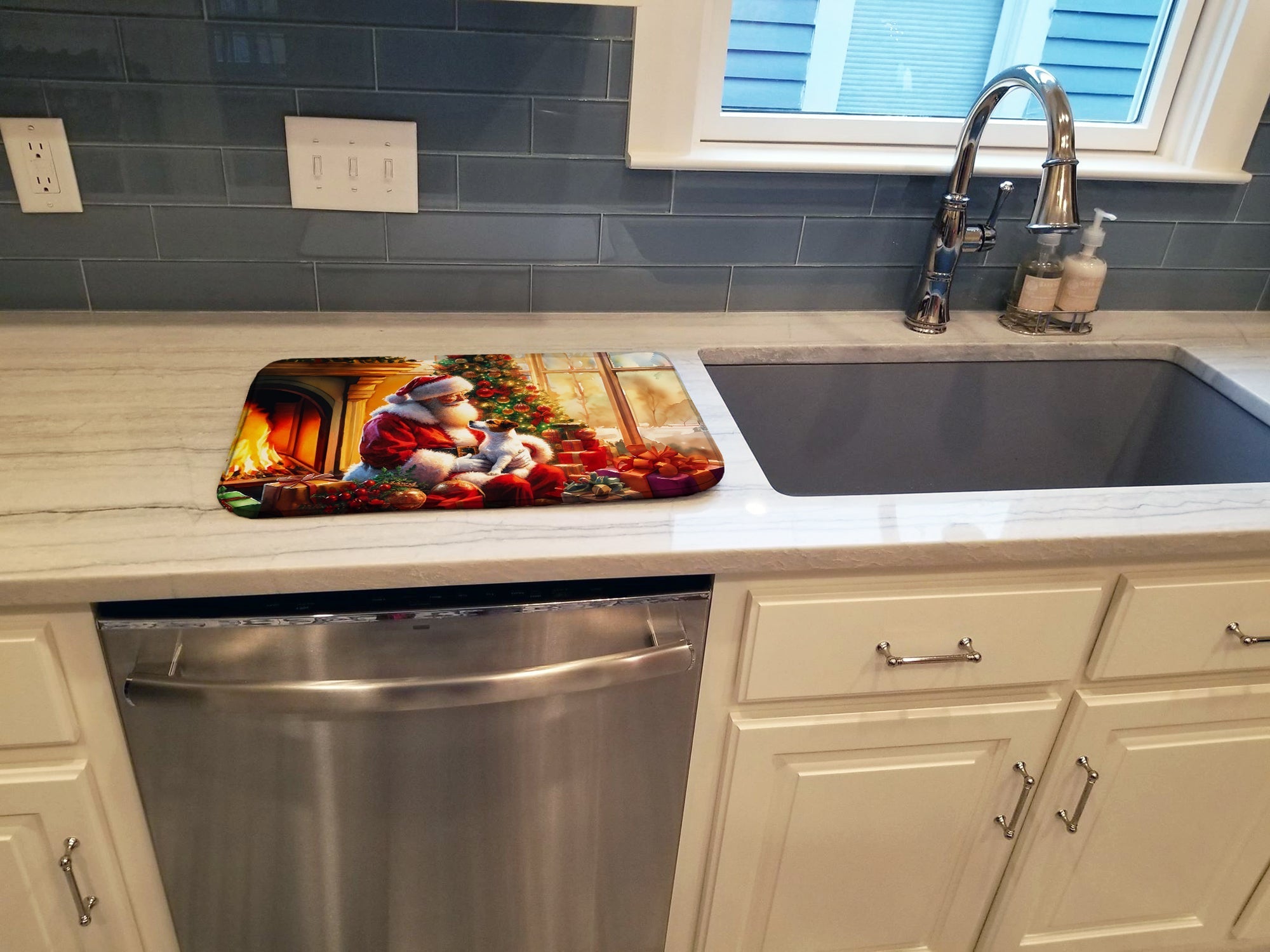 Jack Russell Terrier and Santa Claus Dish Drying Mat Absorbent Dish Drying Mat Pad for Kitchen Counter Dish Drainer Mat for Countertop, 14 x 21", Multicolor