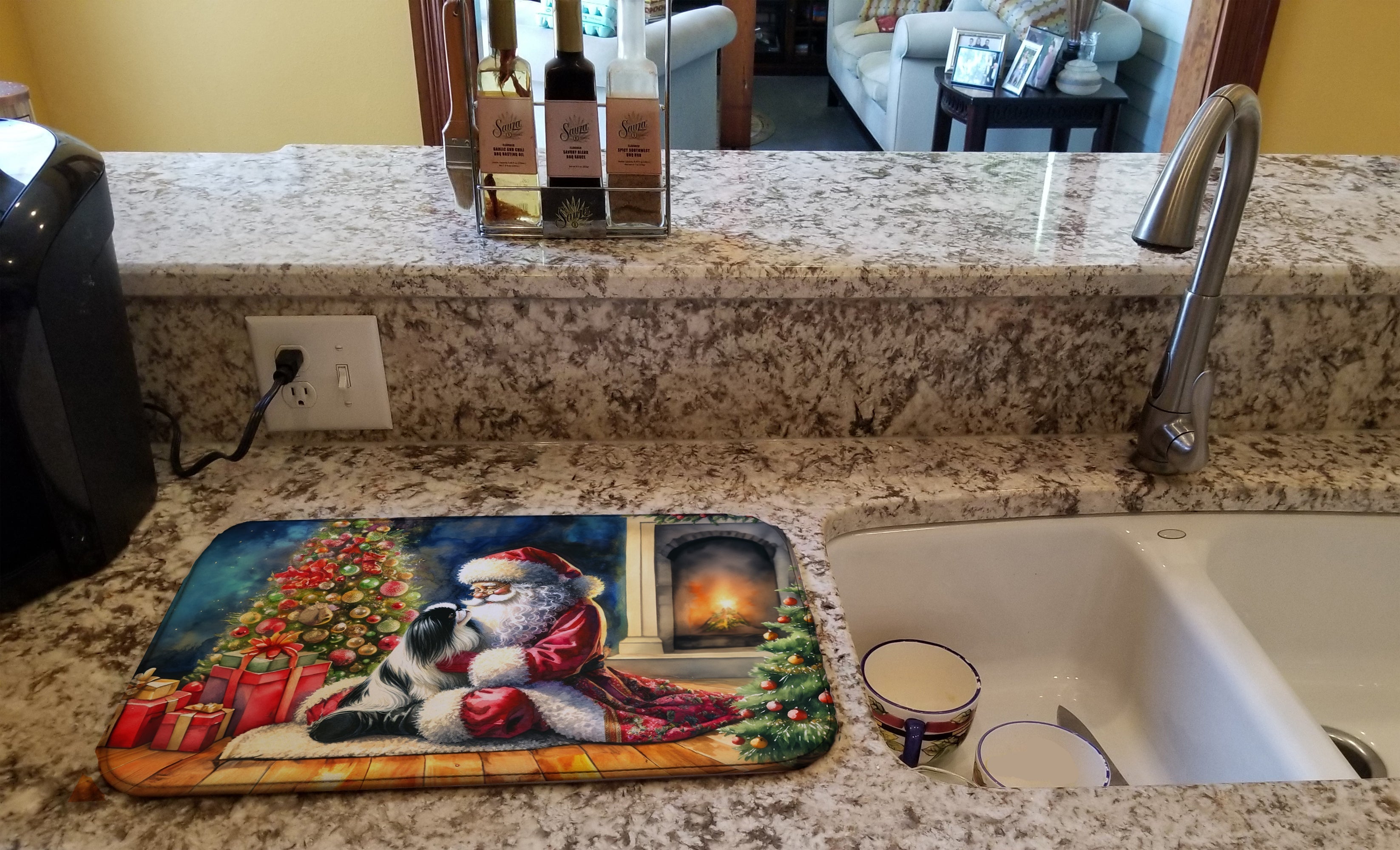 Japanese Chin and Santa Claus Dish Drying Mat Absorbent Dish Drying Mat Pad for Kitchen Counter Dish Drainer Mat for Countertop, 14 x 21", Multicolor