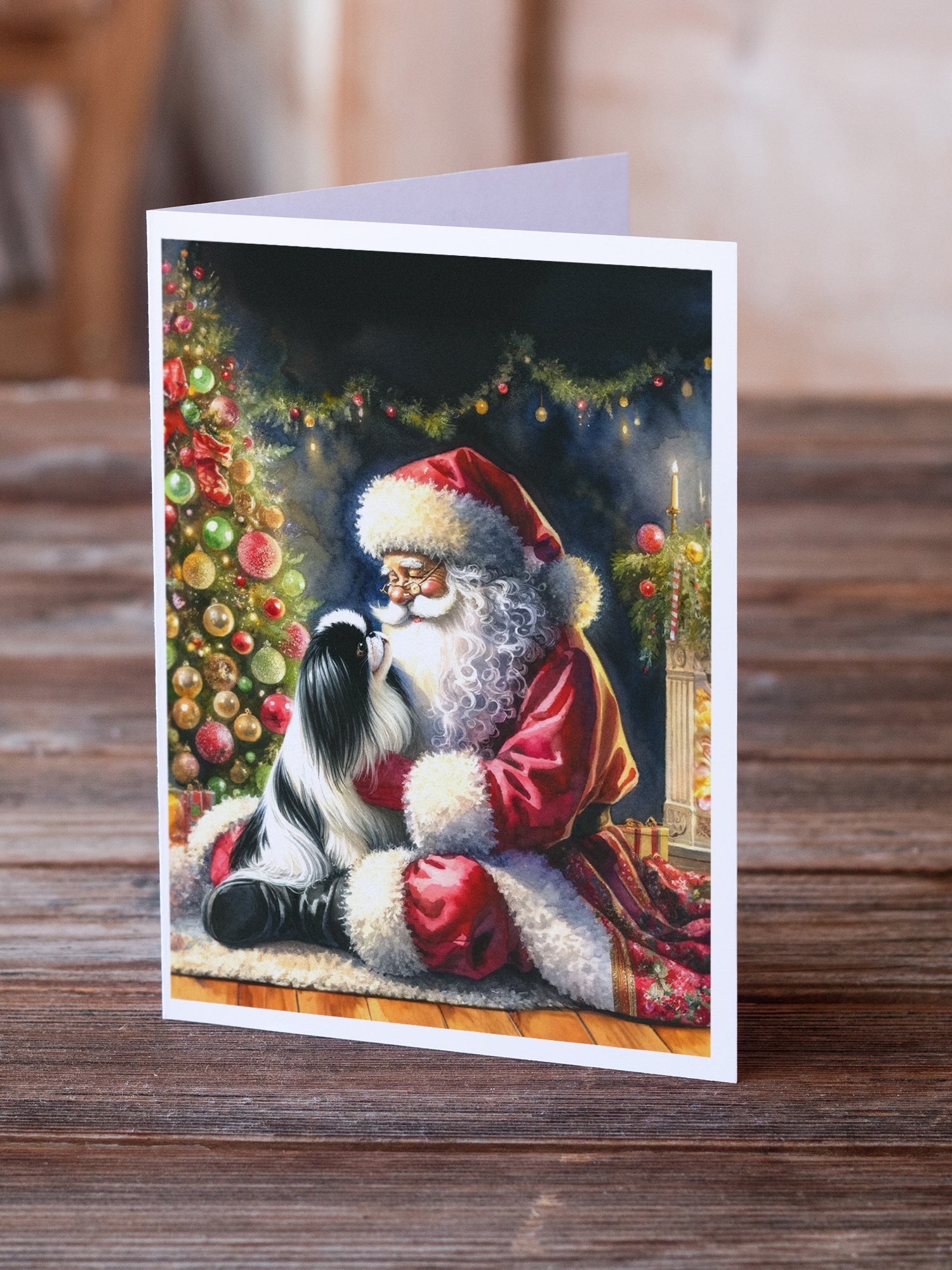Japanese Chin and Santa Claus Greeting Cards Pack of 8 Blank Cards with Envelopes Whimsical A7 Size 5x7