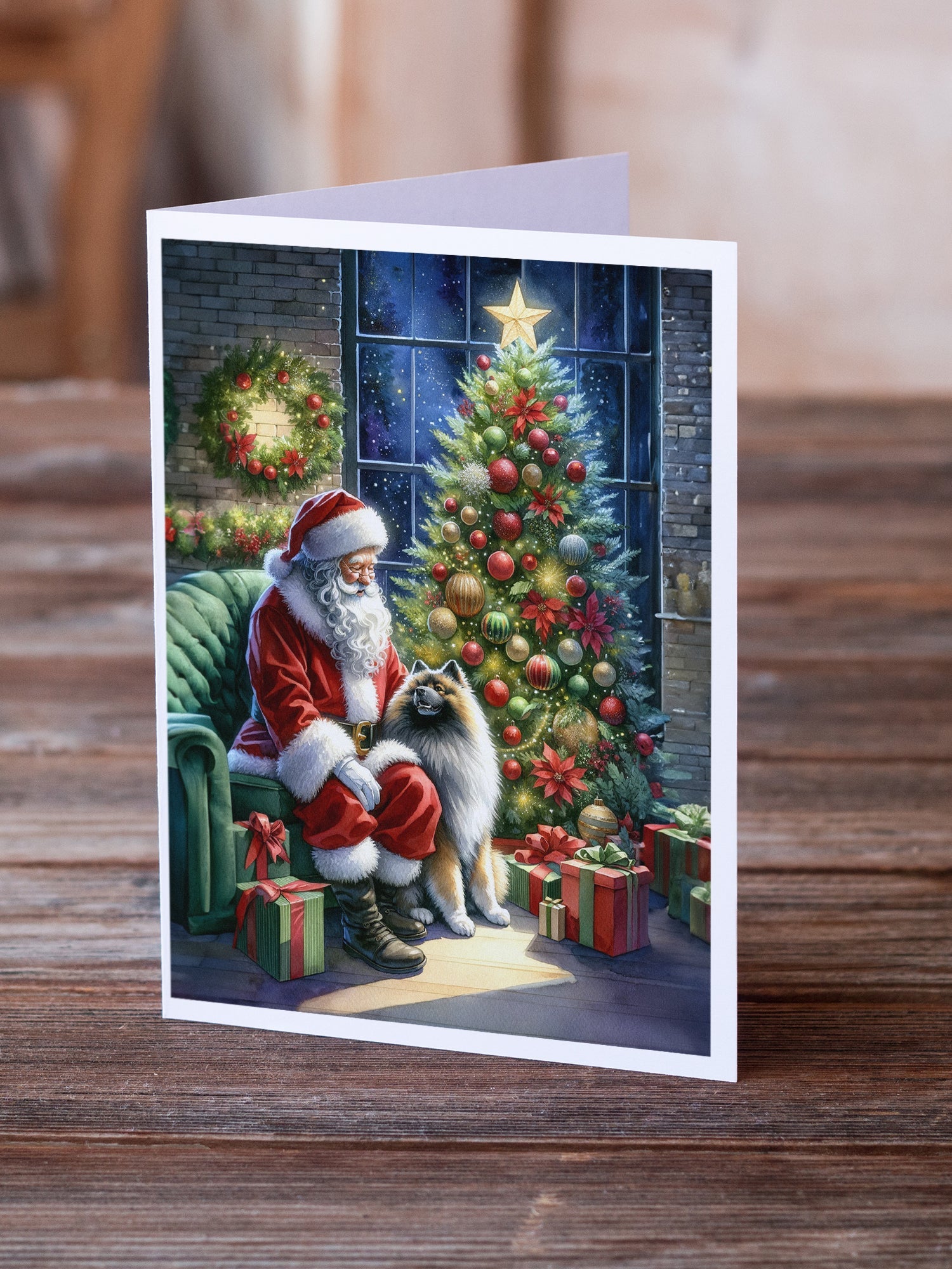 Keeshond and Santa Claus Greeting Cards Pack of 8 Blank Cards with Envelopes Whimsical A7 Size 5x7