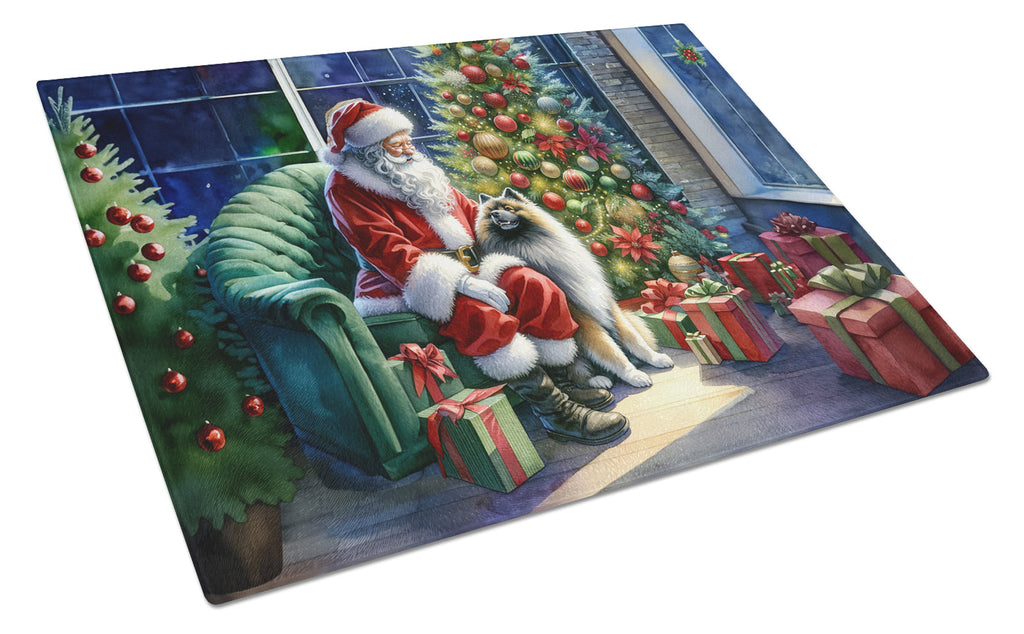 Keeshond and Santa Claus Cutting Board Tempered Glass Kitchen Cutting Surface, Heat Resistant Chopping, Non-Slip Feet, Food Prep & Serving