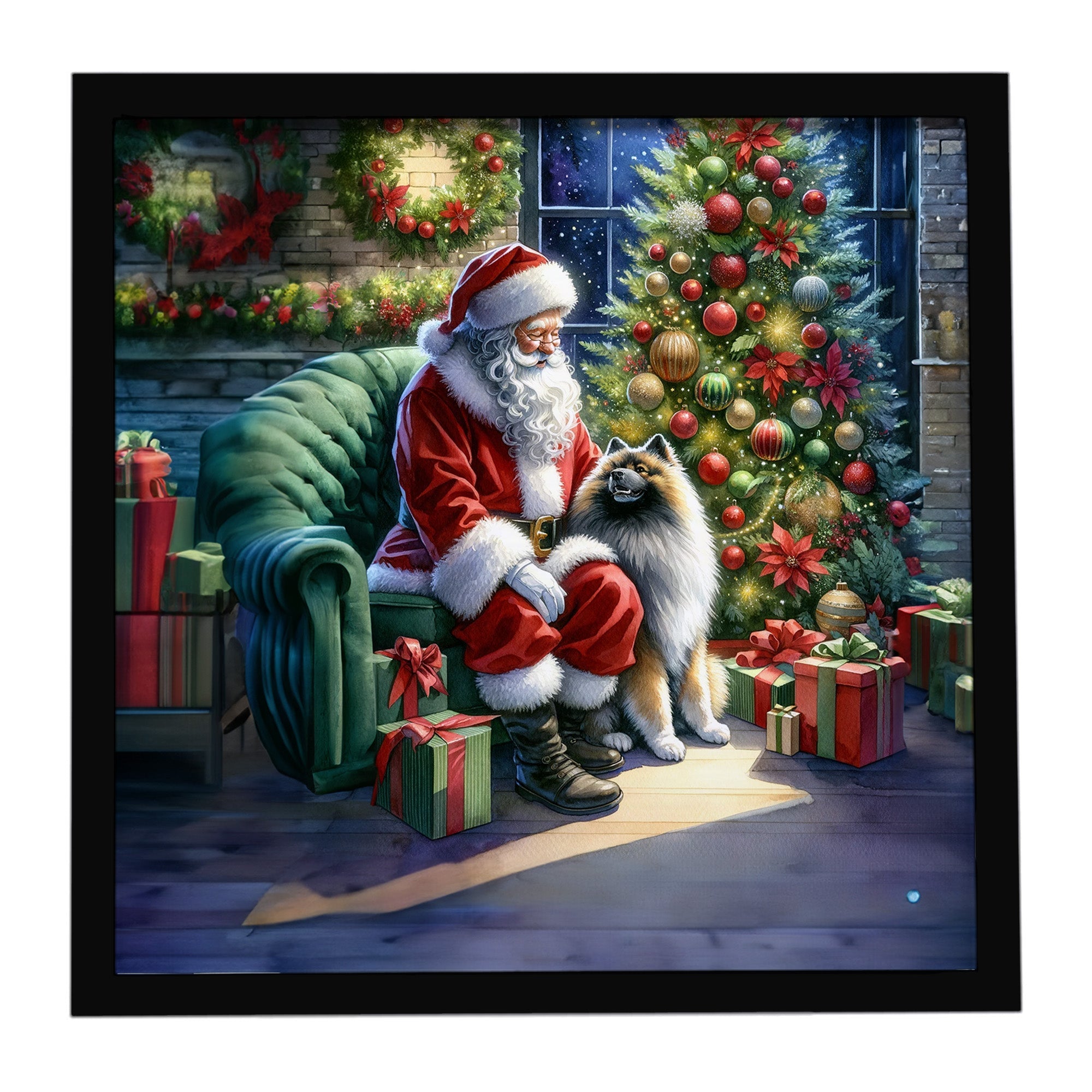 Keeshond and Santa Claus Framed Metal Print Bathroom, Kitchen, Office, Home Decor Wall Art Ready to Hang, Square, 8X8