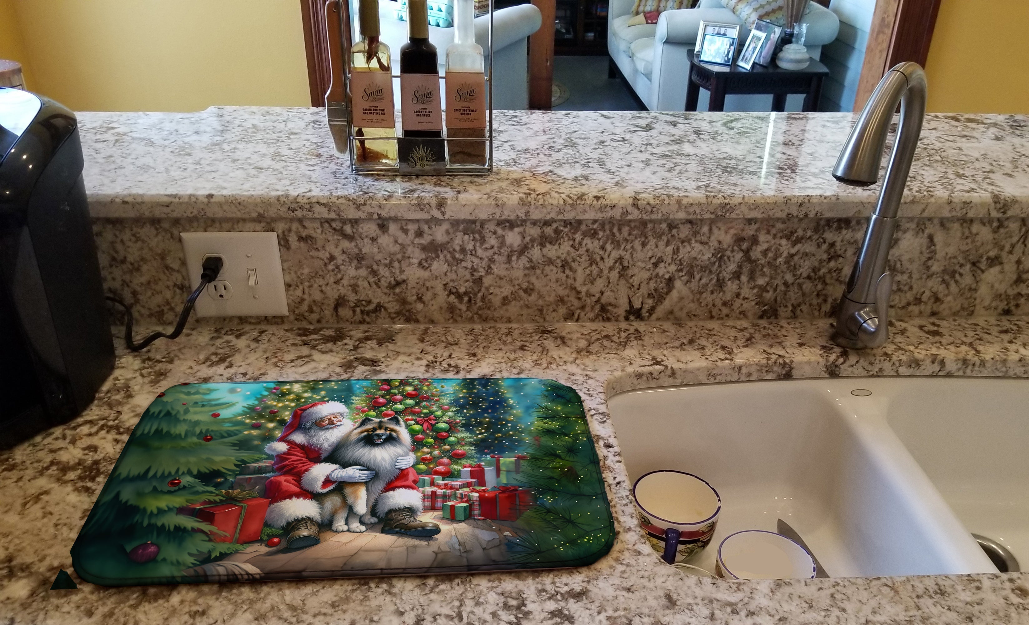 Keeshond and Santa Claus Dish Drying Mat Absorbent Dish Drying Mat Pad for Kitchen Counter Dish Drainer Mat for Countertop, 14 x 21", Multicolor