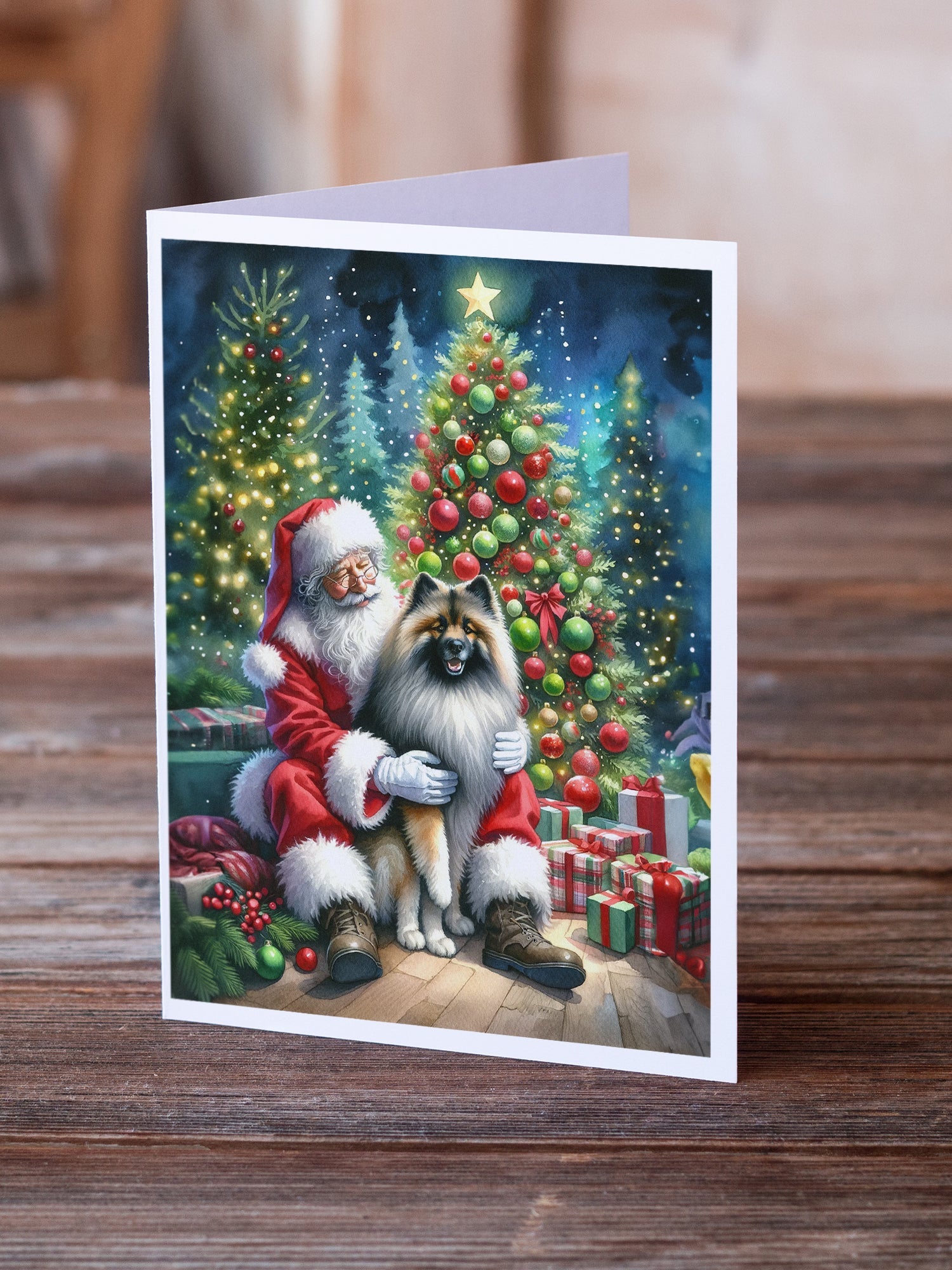 Keeshond and Santa Claus Greeting Cards Pack of 8 Blank Cards with Envelopes Whimsical A7 Size 5x7