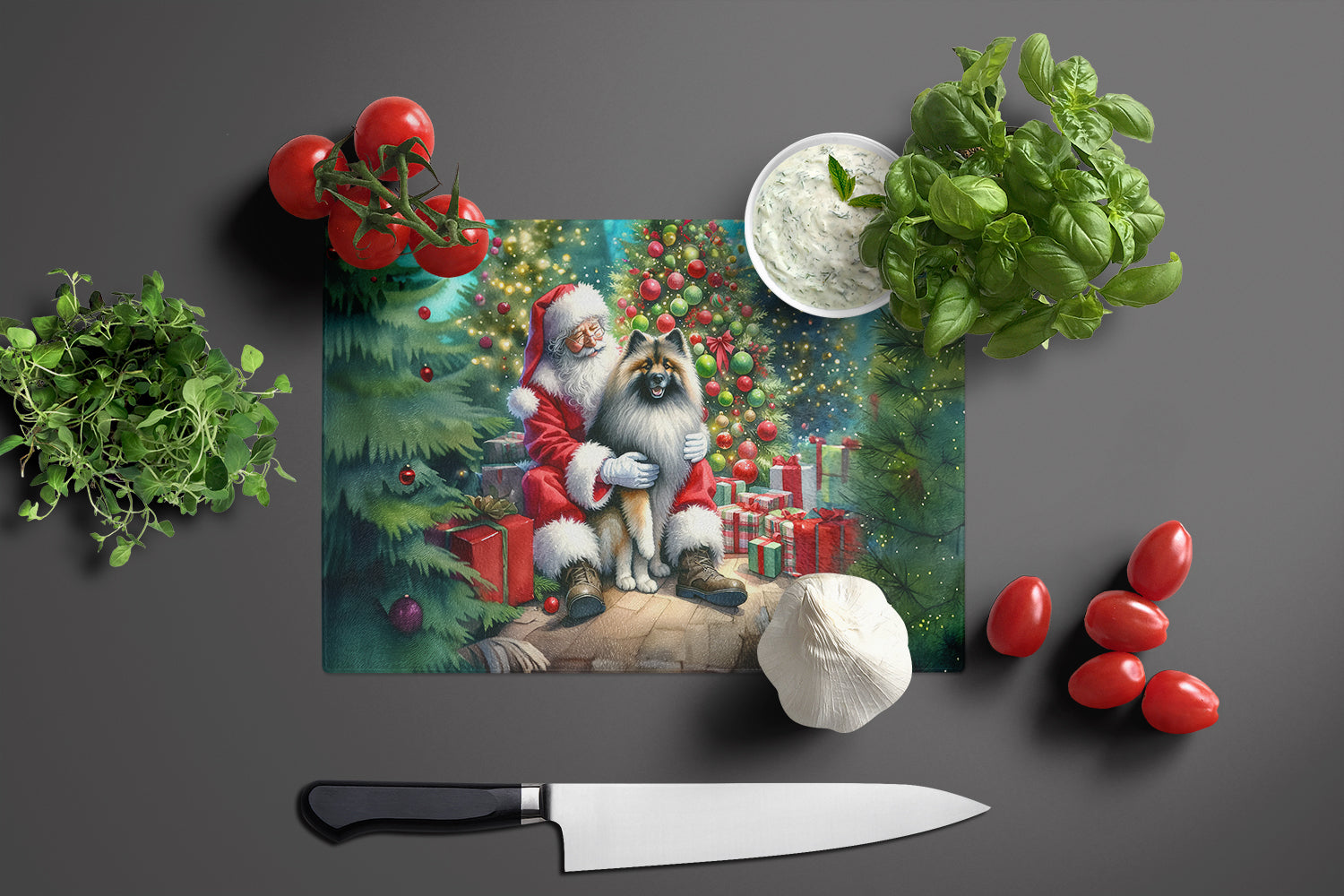 Keeshond and Santa Claus Cutting Board Tempered Glass Kitchen Cutting Surface, Heat Resistant Chopping, Non-Slip Feet, Food Prep & Serving
