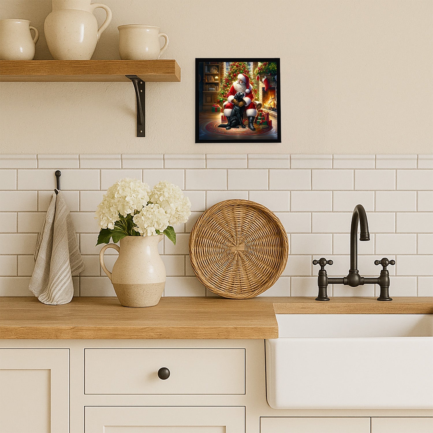 Labrador Retriever and Santa Claus Framed Metal Print Bathroom, Kitchen, Office, Home Decor Wall Art Ready to Hang, Square, 8X8