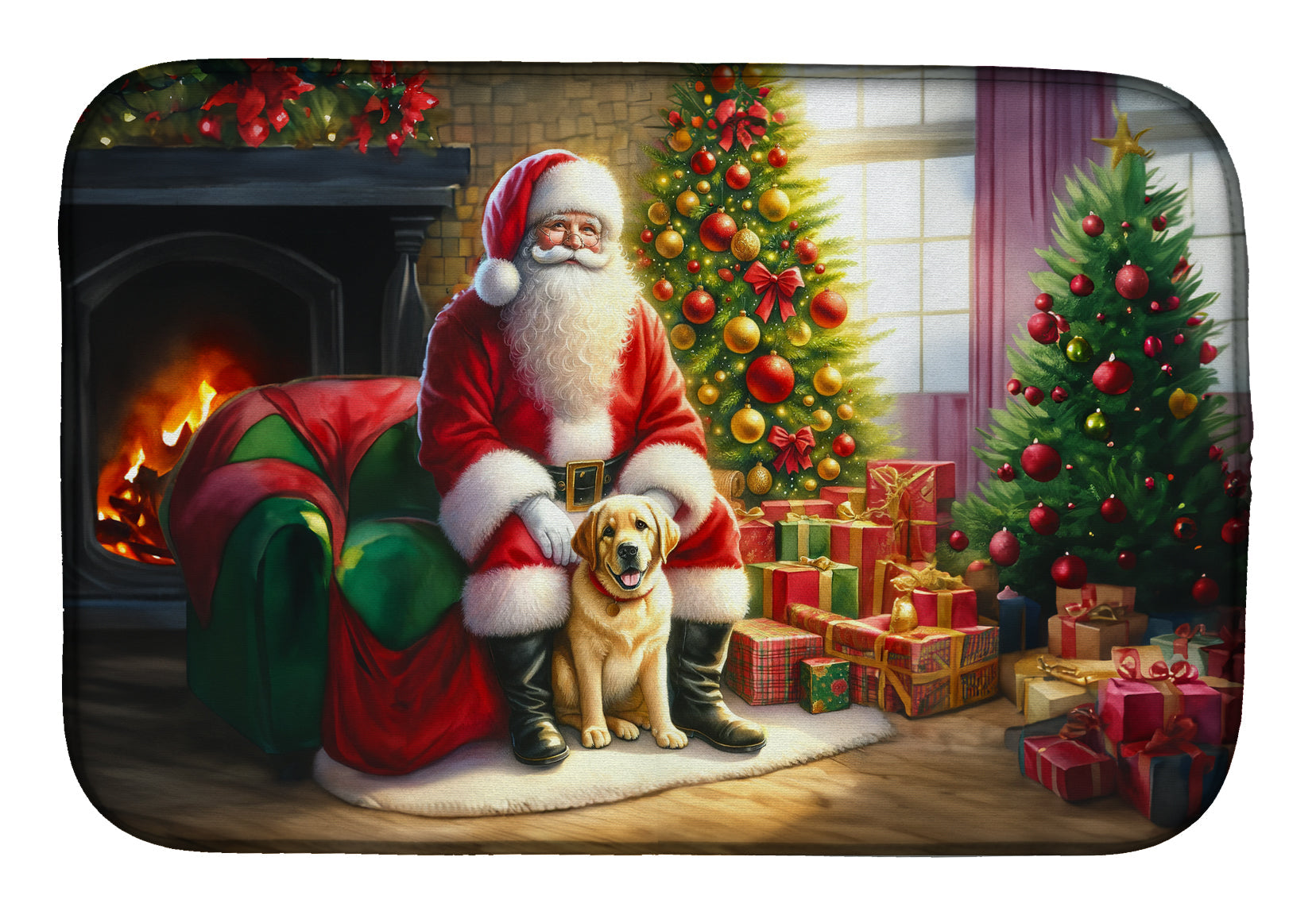 Labrador Retriever and Santa Claus Dish Drying Mat Absorbent Dish Drying Mat Pad for Kitchen Counter Dish Drainer Mat for Countertop, 14 x 21", Multicolor