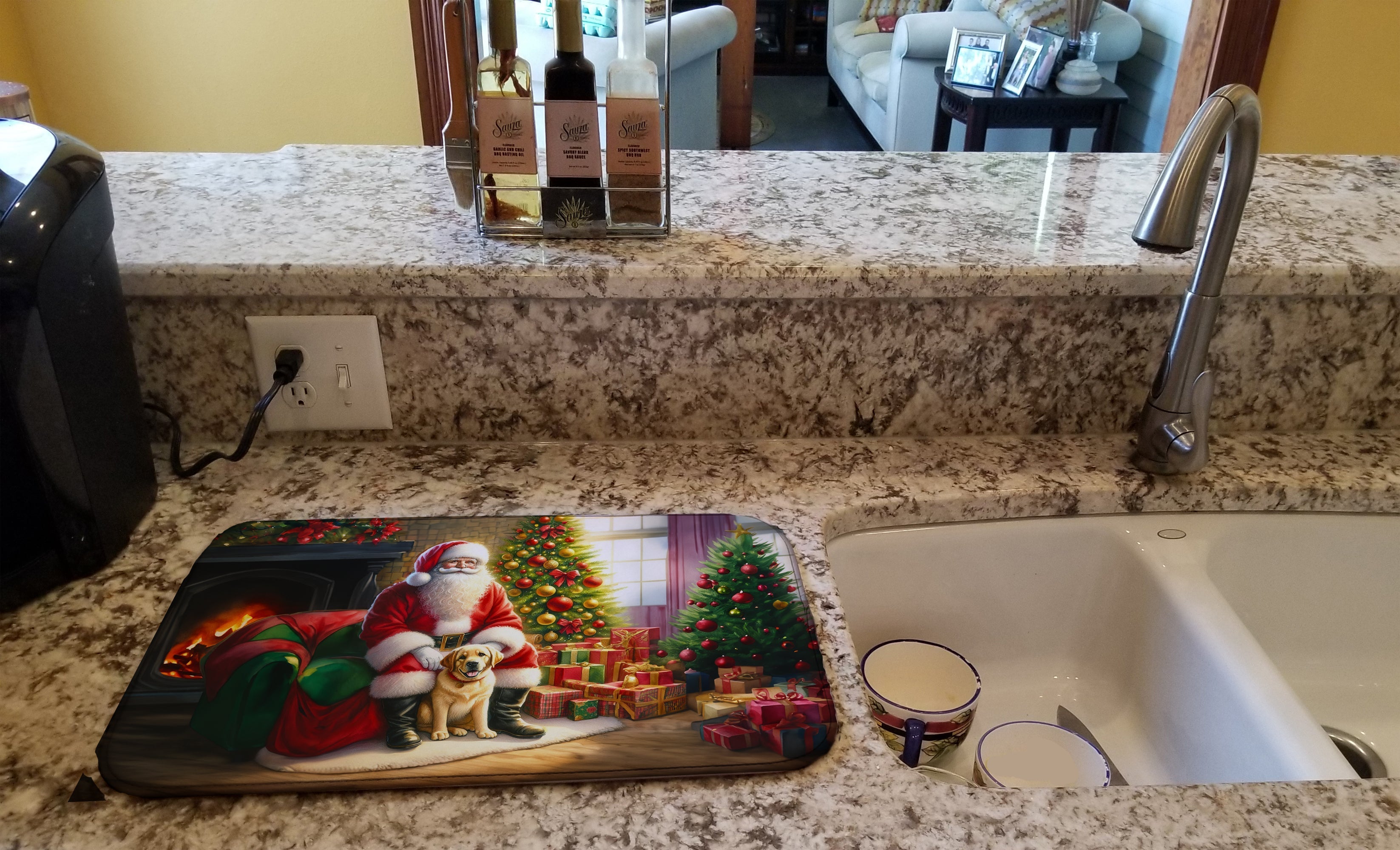 Labrador Retriever and Santa Claus Dish Drying Mat Absorbent Dish Drying Mat Pad for Kitchen Counter Dish Drainer Mat for Countertop, 14 x 21", Multicolor