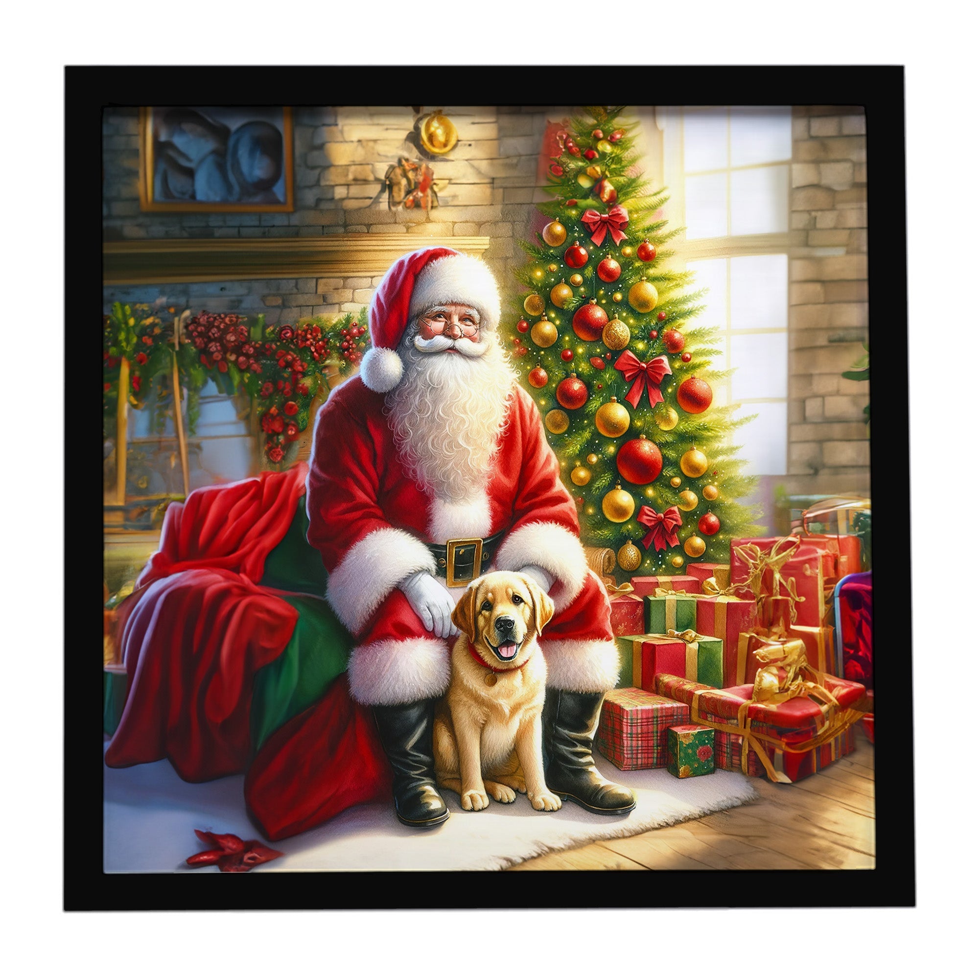 Labrador Retriever and Santa Claus Framed Metal Print Bathroom, Kitchen, Office, Home Decor Wall Art Ready to Hang, Square, 8X8