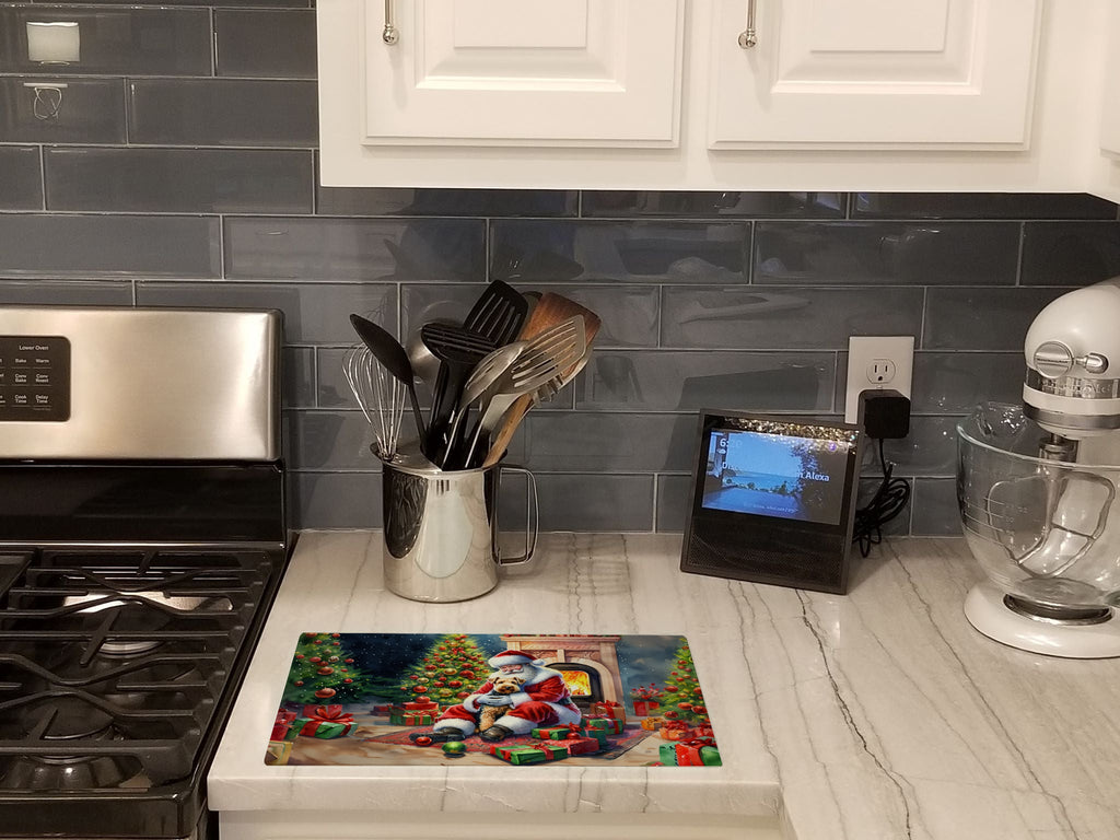 Lakeland Terrier and Santa Claus Cutting Board Tempered Glass Kitchen Cutting Surface, Heat Resistant Chopping, Non-Slip Feet, Food Prep & Serving